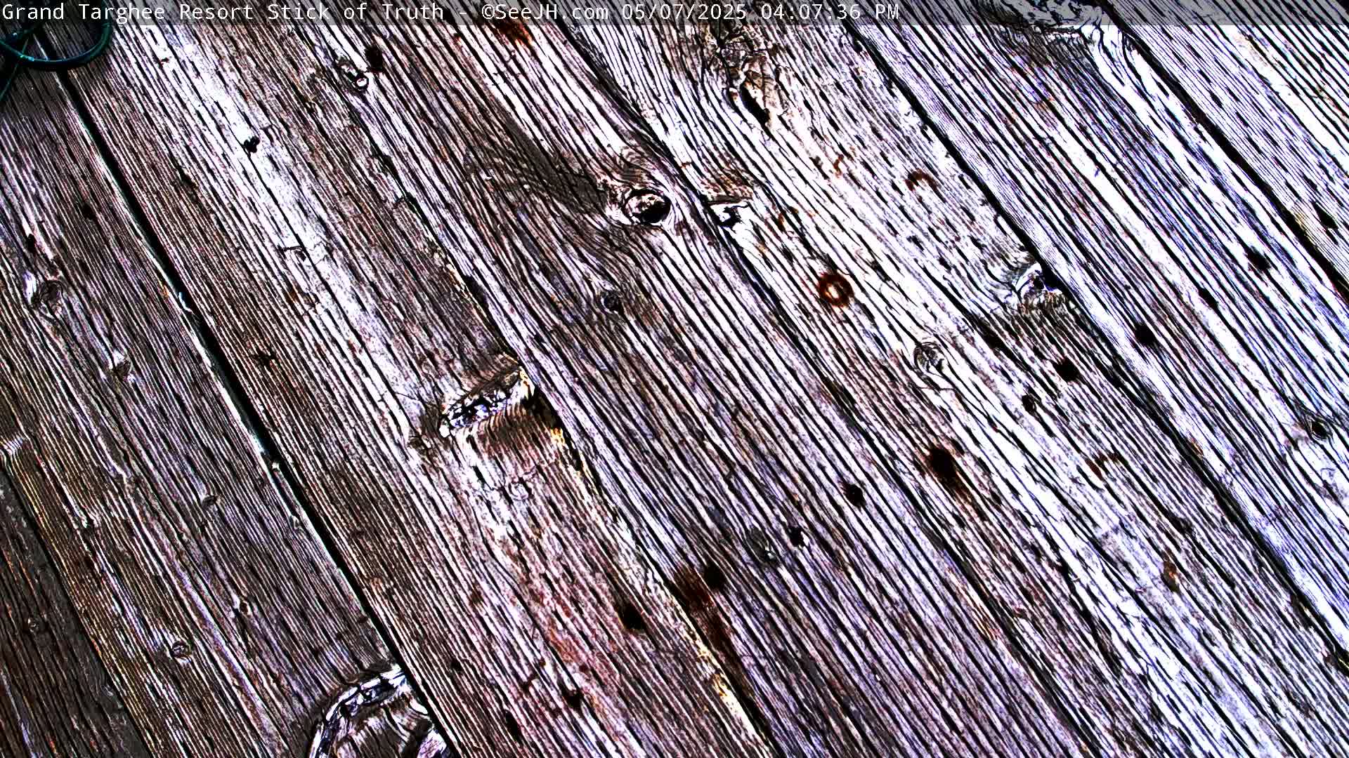 A weathered wooden surface shows diagonal planks with numerous knots and holes.