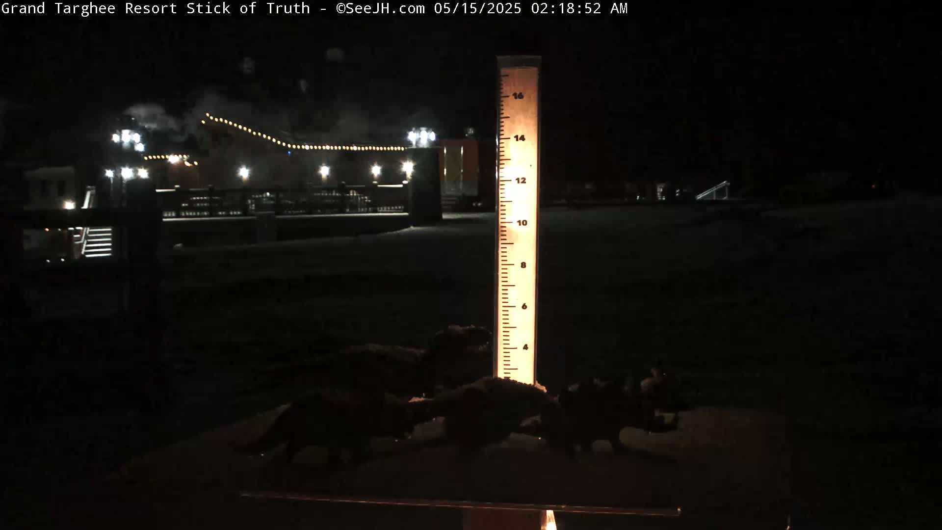 At night, under snowy conditions, several dark figures are clustered around a illuminated snow gauge in front of a dimly lit building.