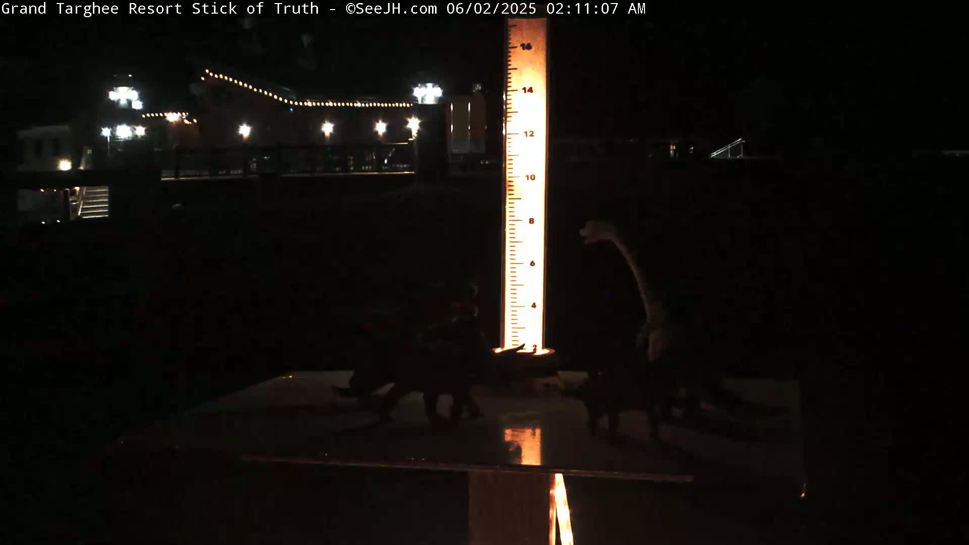 At night, several small dinosaur figurines are arranged near a tall, illuminated measuring stick in front of a dark building with lights.