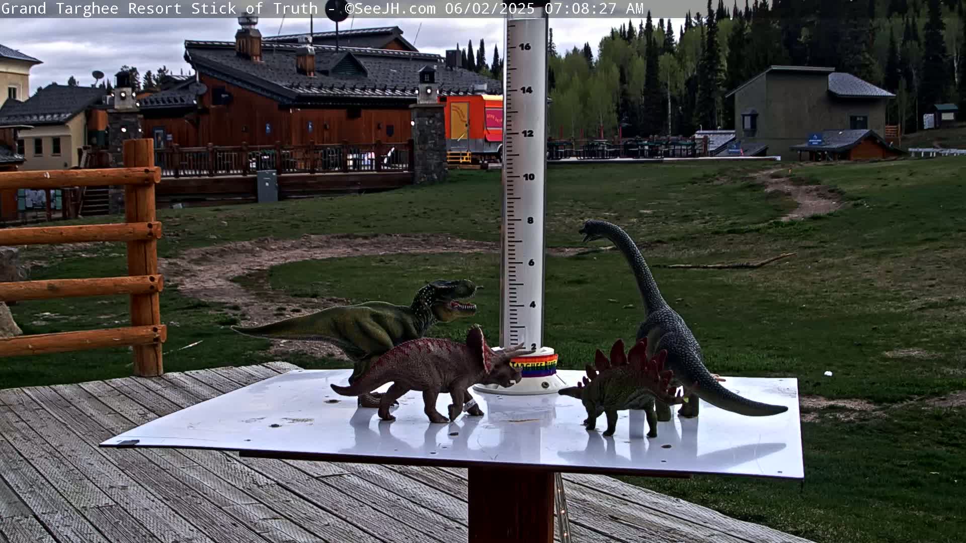 Several plastic dinosaur toys are arranged around a rain gauge on a deck overlooking a grassy area with buildings in the background, under an overcast sky.