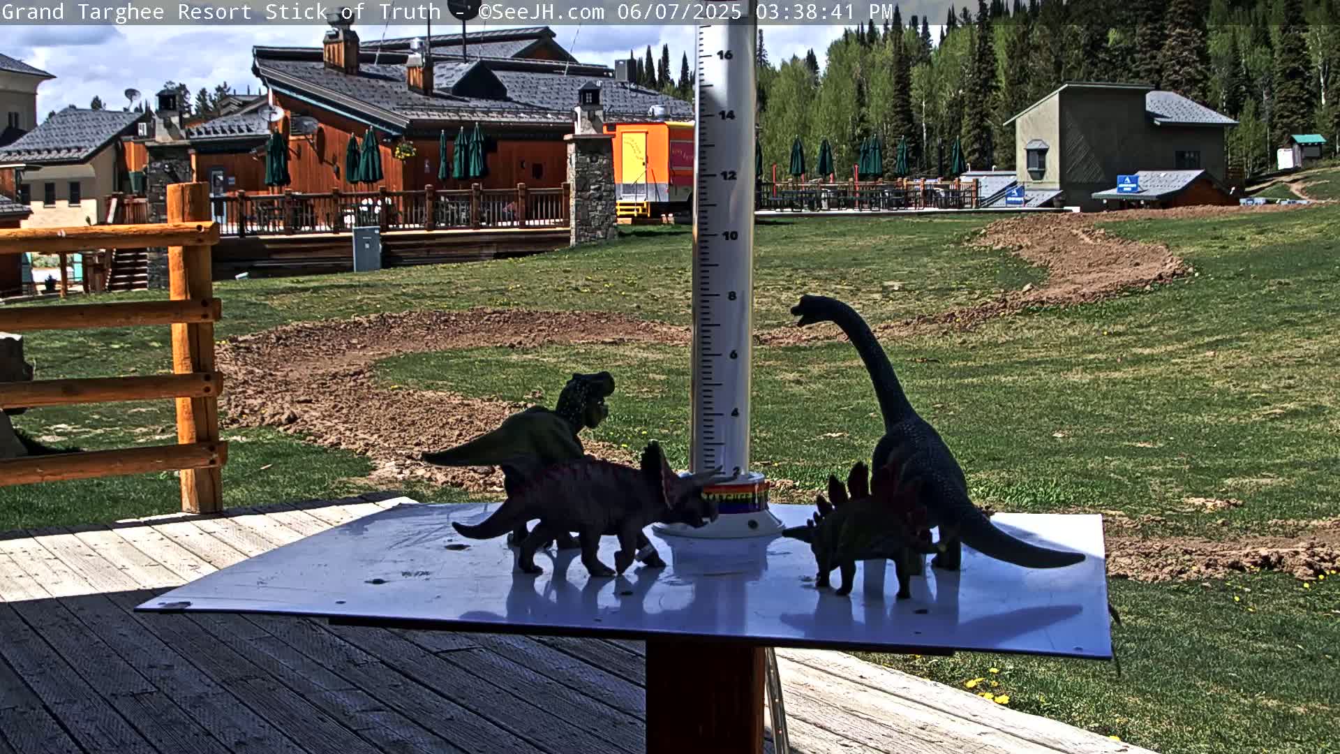 Several dinosaur toys are arranged on a white surface atop a wooden deck, overlooking a grassy area with buildings and trees under a partly cloudy sky.