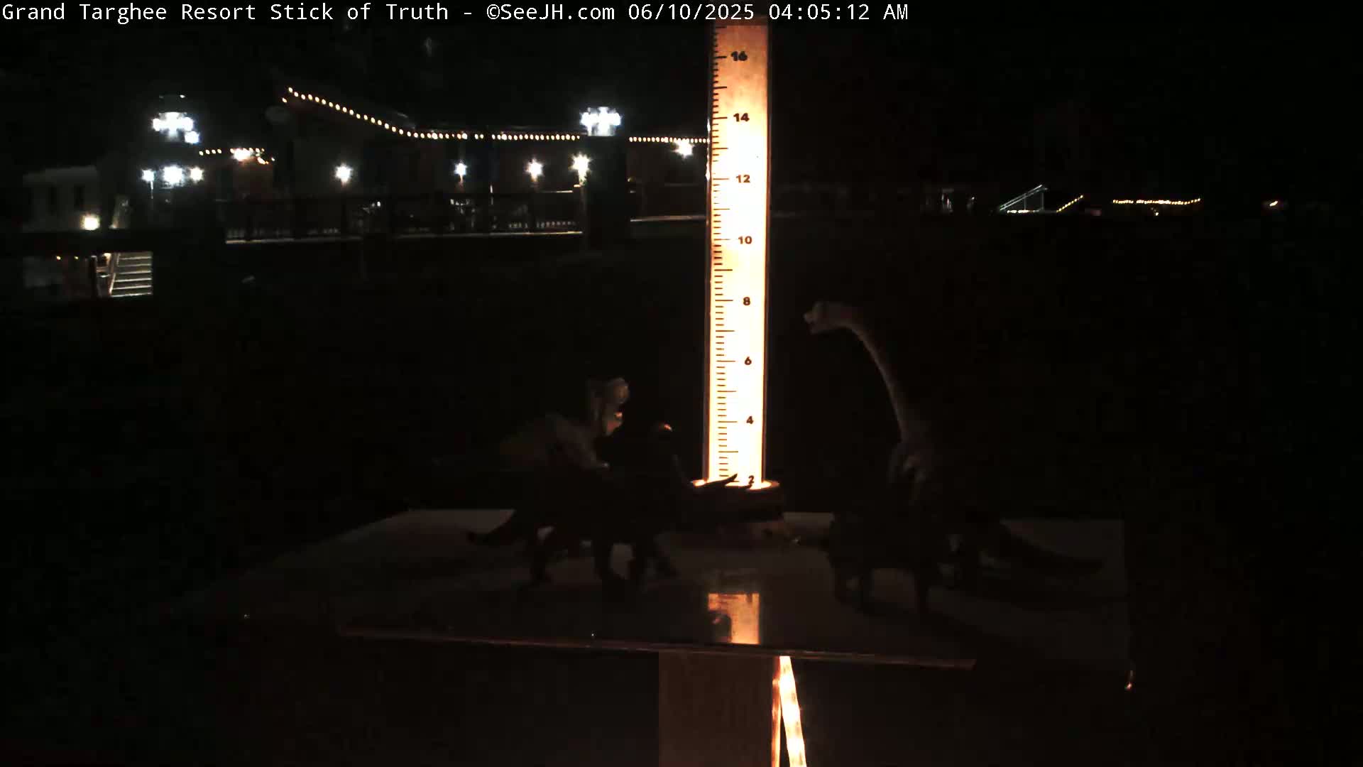 At night, several dark dinosaur figurines are arranged around a lit, tall measuring stick in front of a dimly lit building.