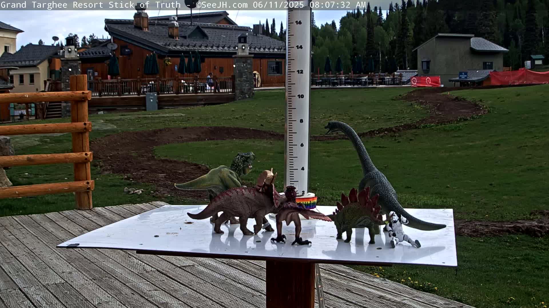 Several toy dinosaurs are arranged on a white surface next to a weather gauge on a wooden deck, overlooking a grassy area with buildings in the background under a partly cloudy sky.