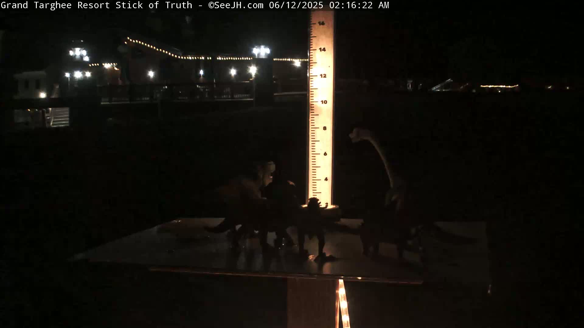 At night, several dinosaur figurines are arranged near a tall, illuminated measuring stick in front of a dimly lit building.