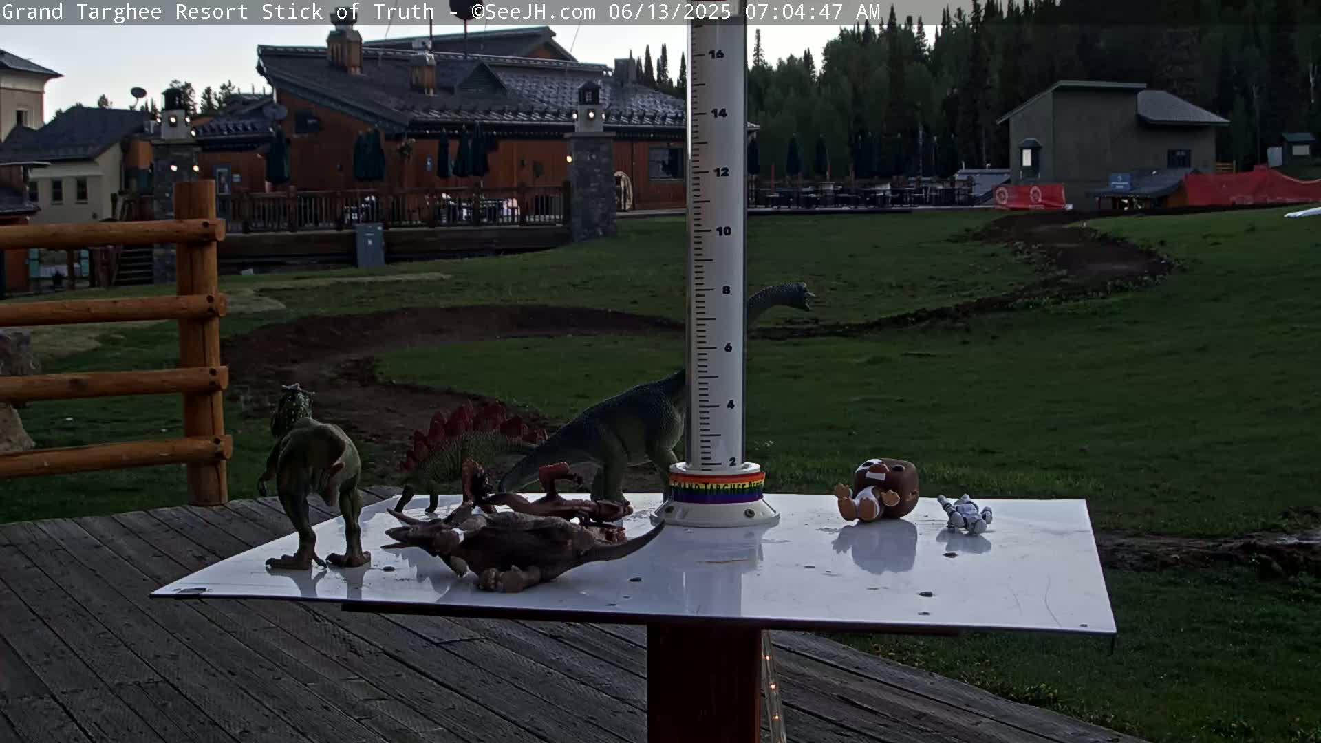 Several toy dinosaurs and figurines are arranged on a white surface atop a wooden table overlooking a grassy area with buildings in the background, under an overcast sky.