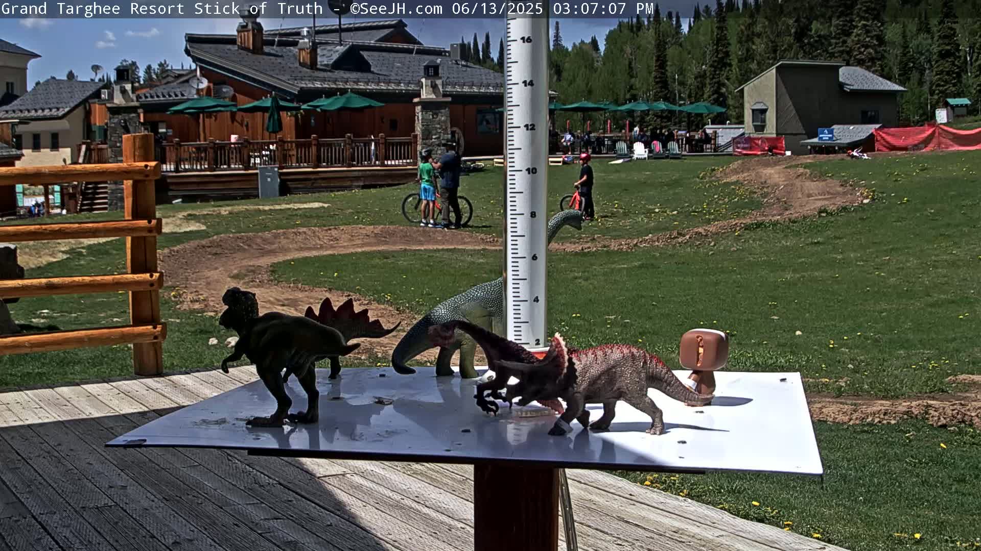 Several dinosaur toys are arranged on a white surface attached to a wooden post on a sunny day outside a resort with people and bicycles visible in the background.