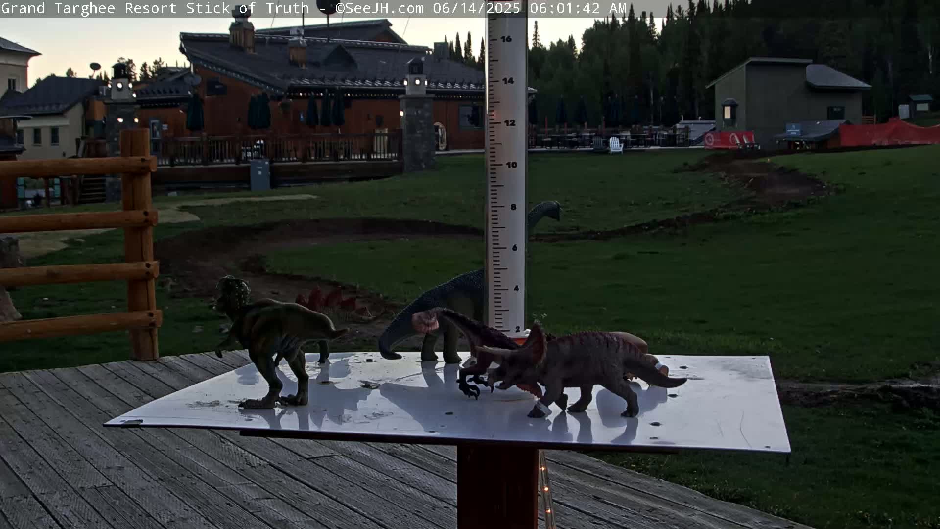 Several plastic dinosaur toys are arranged on a white surface next to a rain gauge on a wooden deck overlooking a grassy area with buildings in the background under a twilight sky.