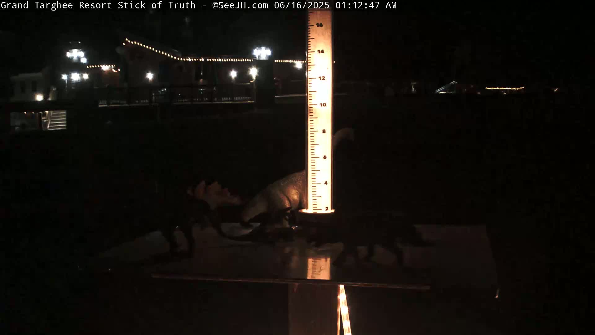 At night, several dinosaur figurines are arranged around a tall, illuminated measuring device in front of a dimly lit building.