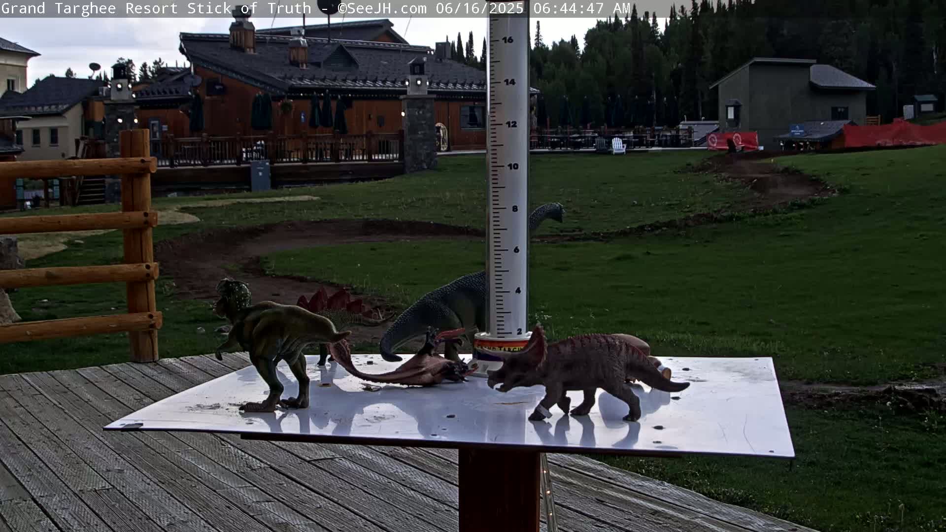 Several plastic dinosaur toys are arranged on a white surface attached to a weather-measuring device on a wooden deck, with a grassy area and buildings visible in the background under a partly cloudy sky.