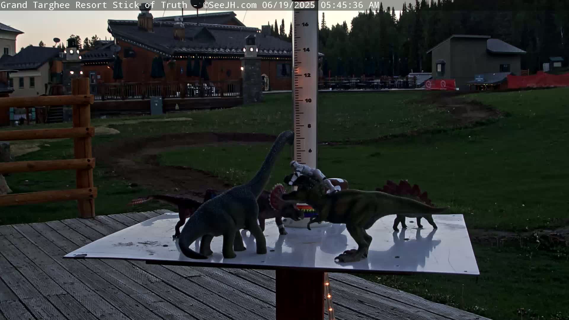 Several toy dinosaurs are arranged around a rain gauge on a deck overlooking a grassy area with buildings in the background, under a twilight sky.