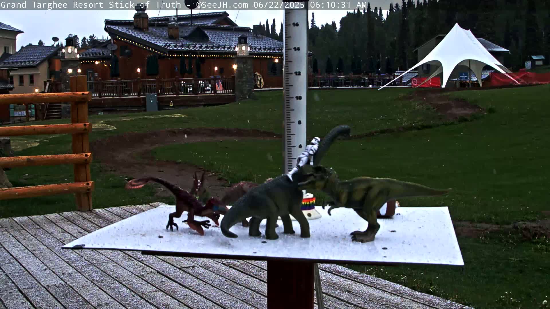 Several toy dinosaurs are arranged on a white surface next to a rain gauge on a wooden deck, with light snow falling in front of a building and a large white tent.