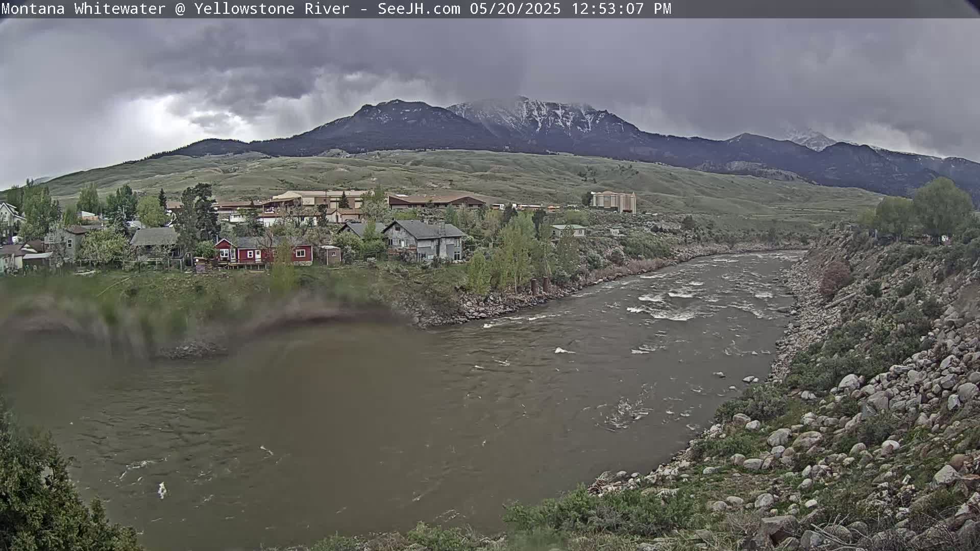 A wide, muddy river flows past a small town nestled at the base of a mountain range under a cloudy sky.