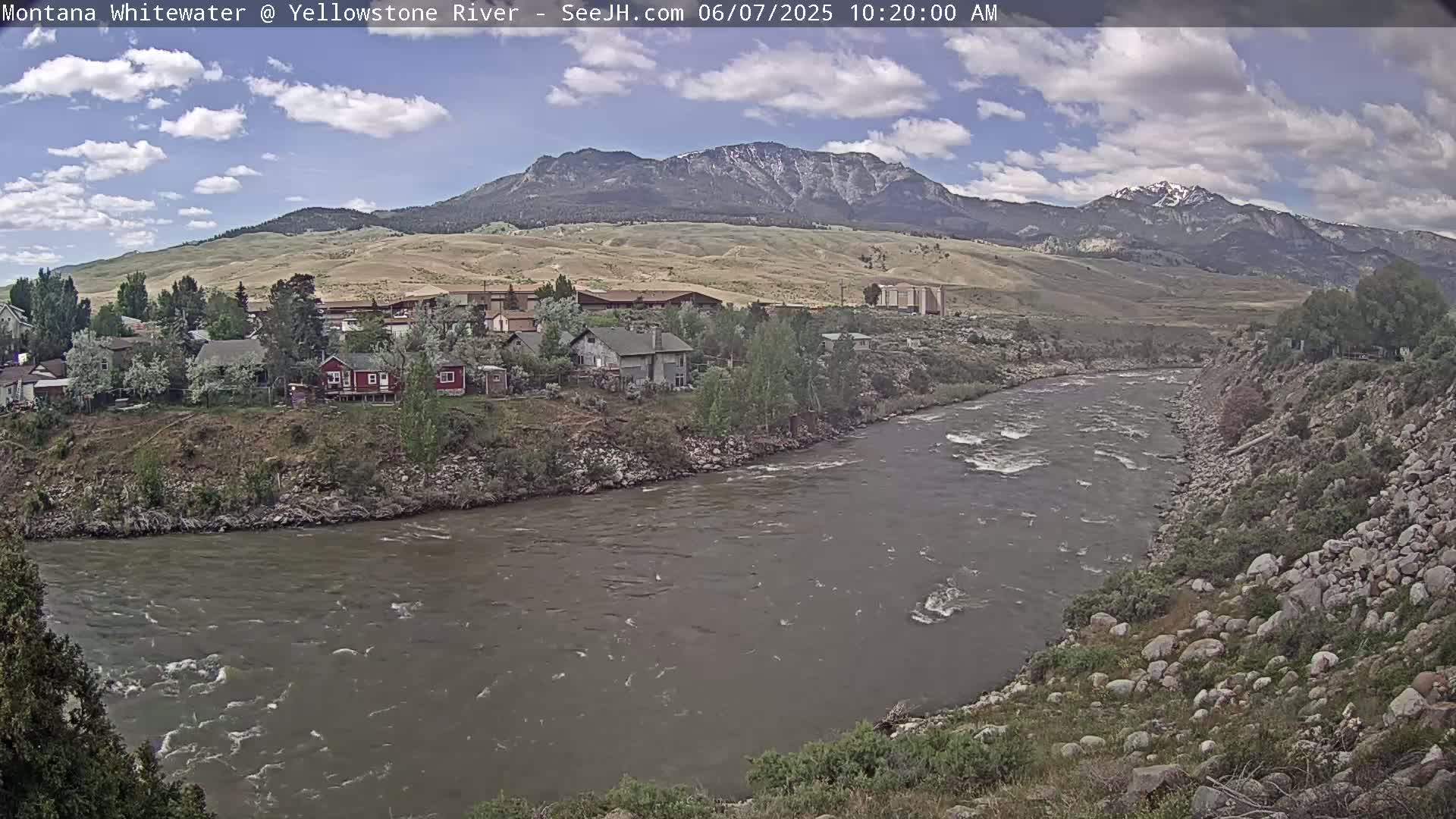 A partly cloudy day shows a river flowing past a town nestled against a mountain range with some snow-capped peaks.