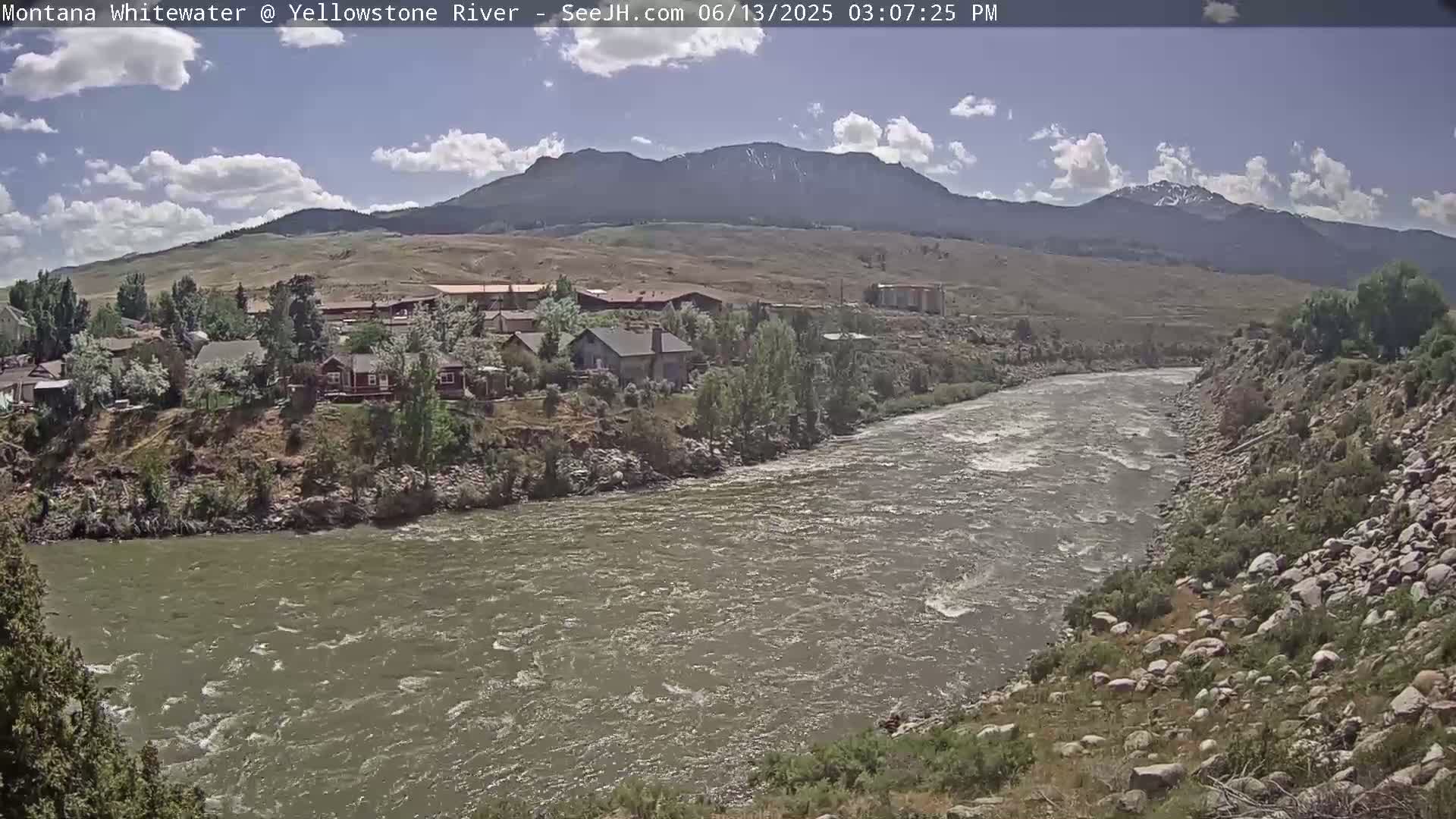 A partly cloudy day reveals a swiftly flowing river winding through a rocky landscape, with a small town and distant mountains in the background.