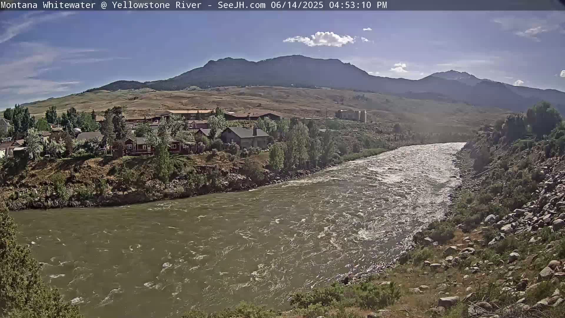 A wide, murky river flows under a partly cloudy sky past a small town nestled at the base of a mountain range.
