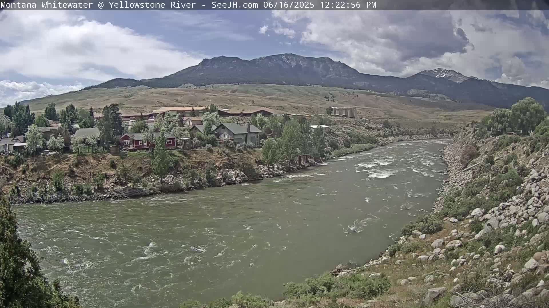 A partly cloudy day shows a flowing river next to a small town nestled at the base of a mountain range.