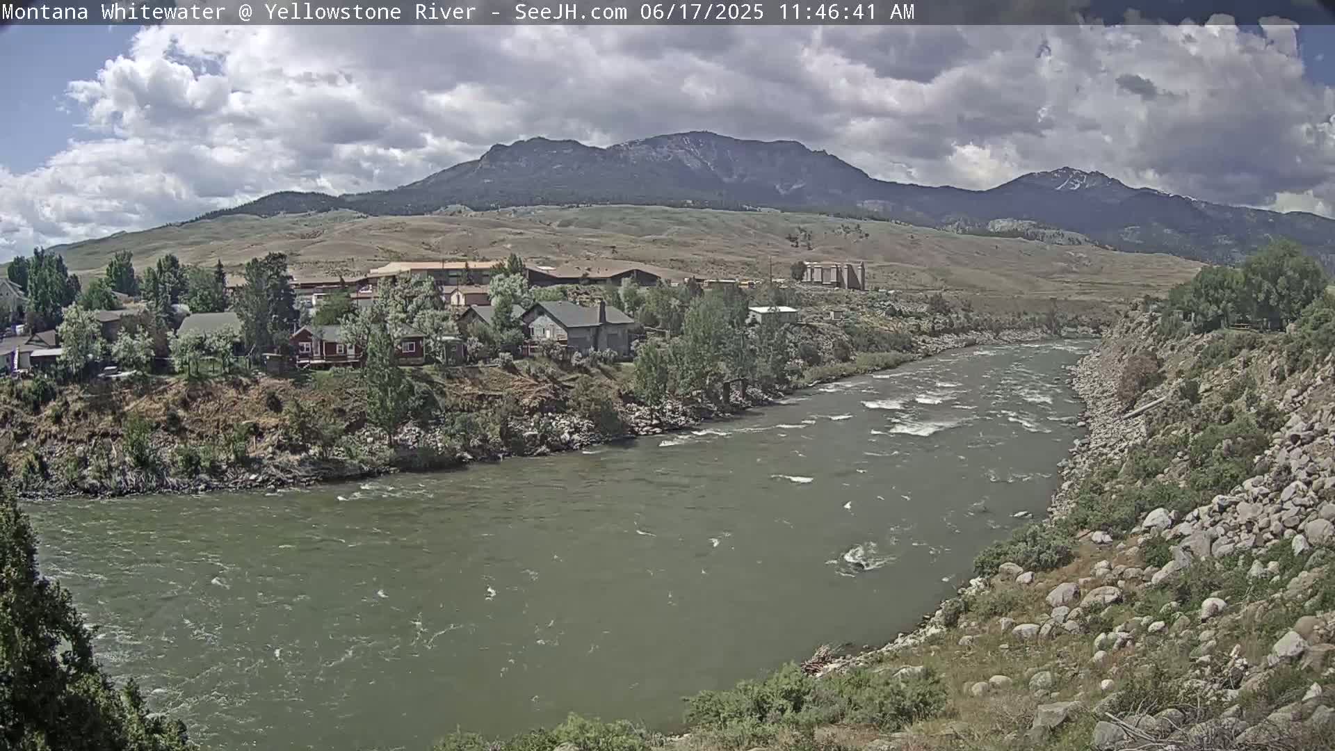 A partly cloudy day reveals a river flowing past a town nestled beneath mountains.