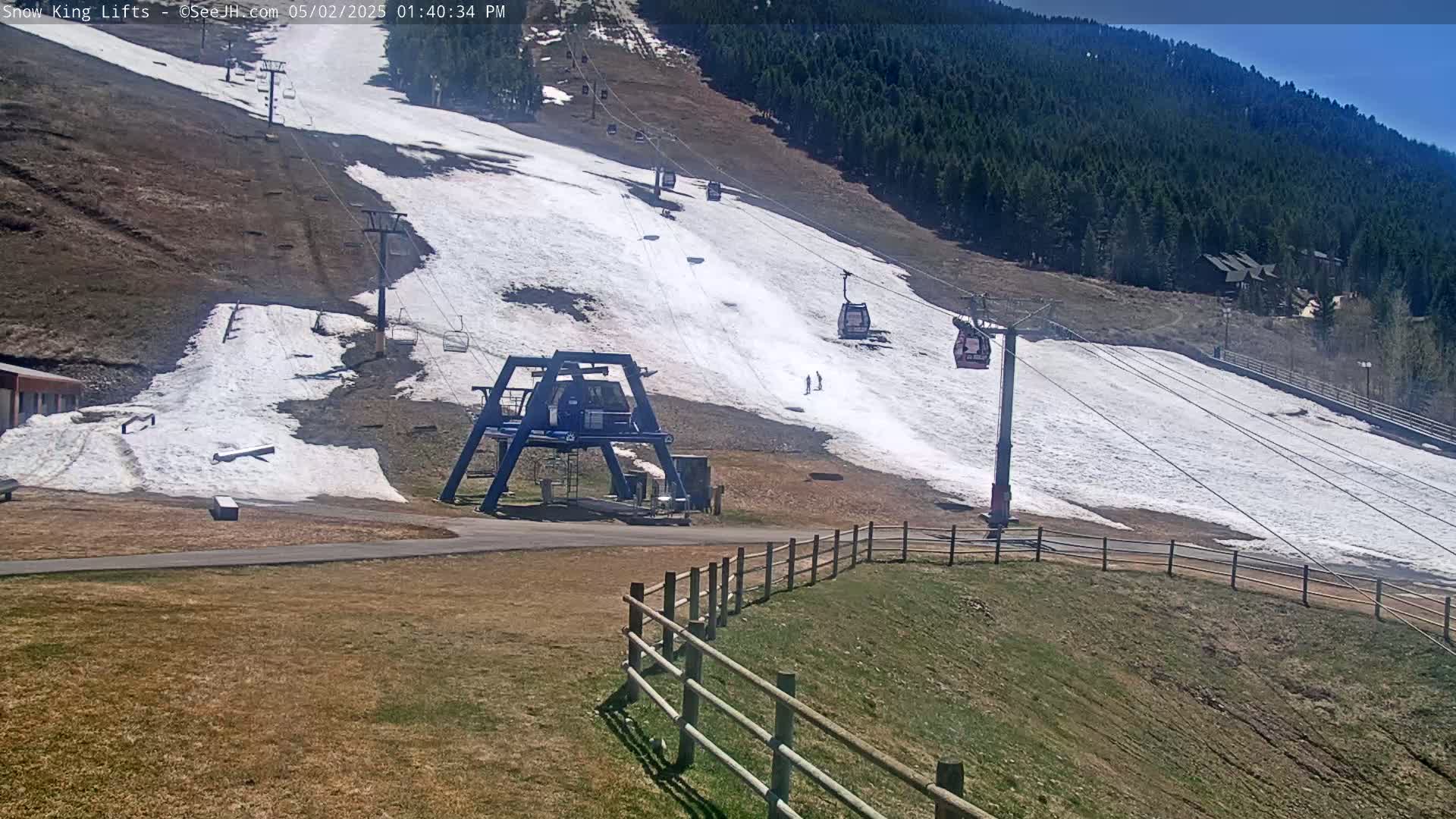 A ski lift with several empty gondolas ascends a snow-covered slope on a sunny day, against a backdrop of a coniferous forest.
