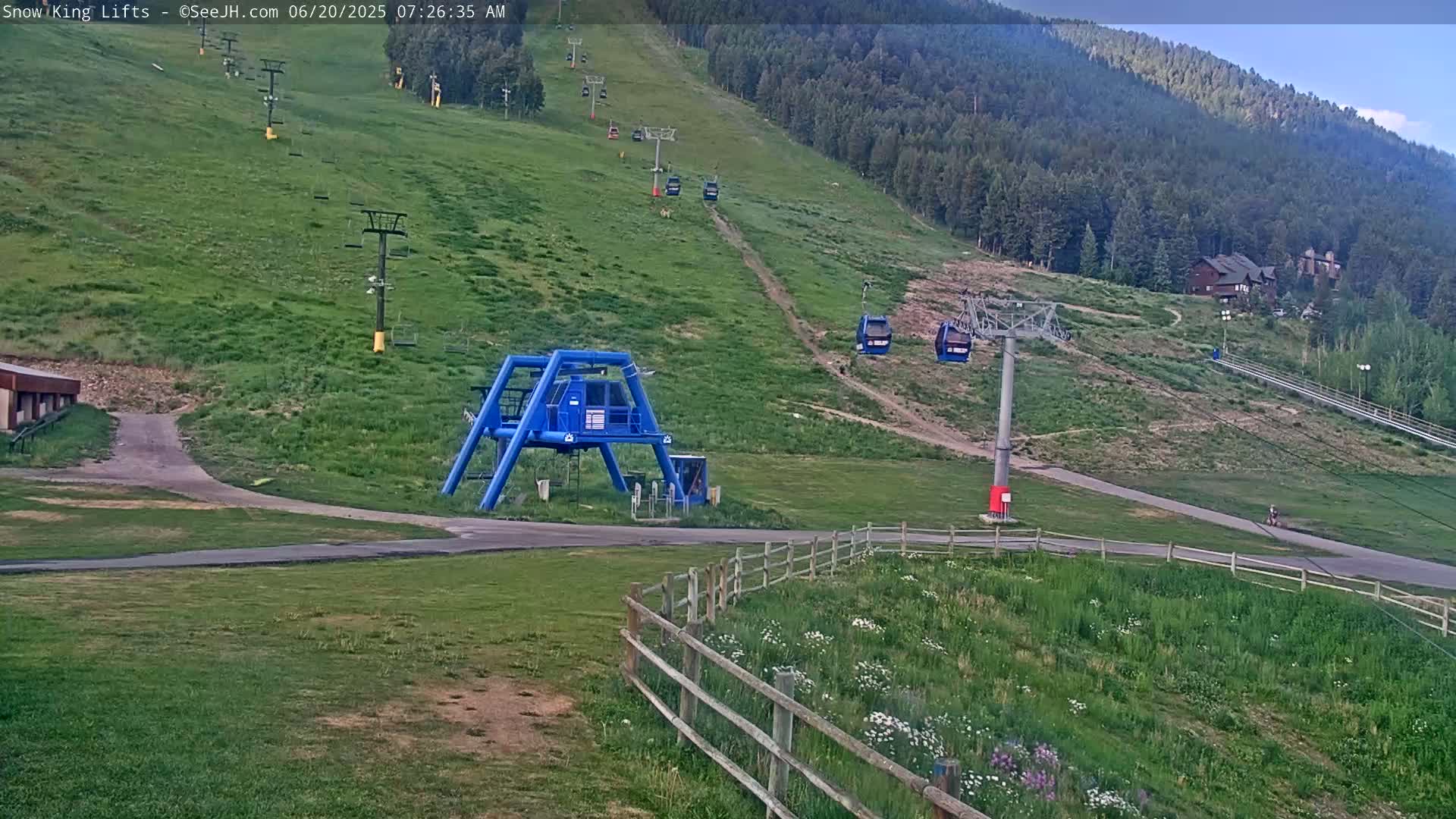 A grassy hillside with several empty ski lifts and a blue lift station, under a mostly clear sky.