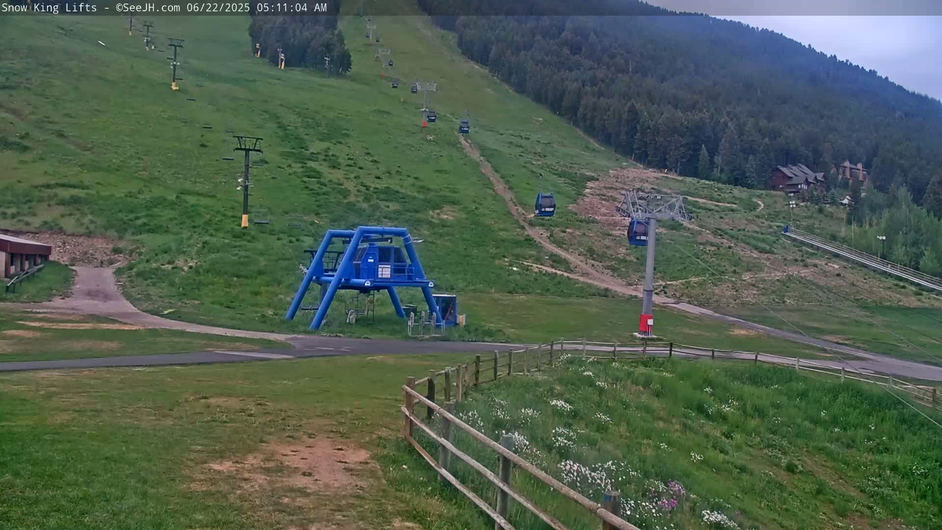 A grassy hillside with several chairlifts and ski lifts, under an overcast sky.