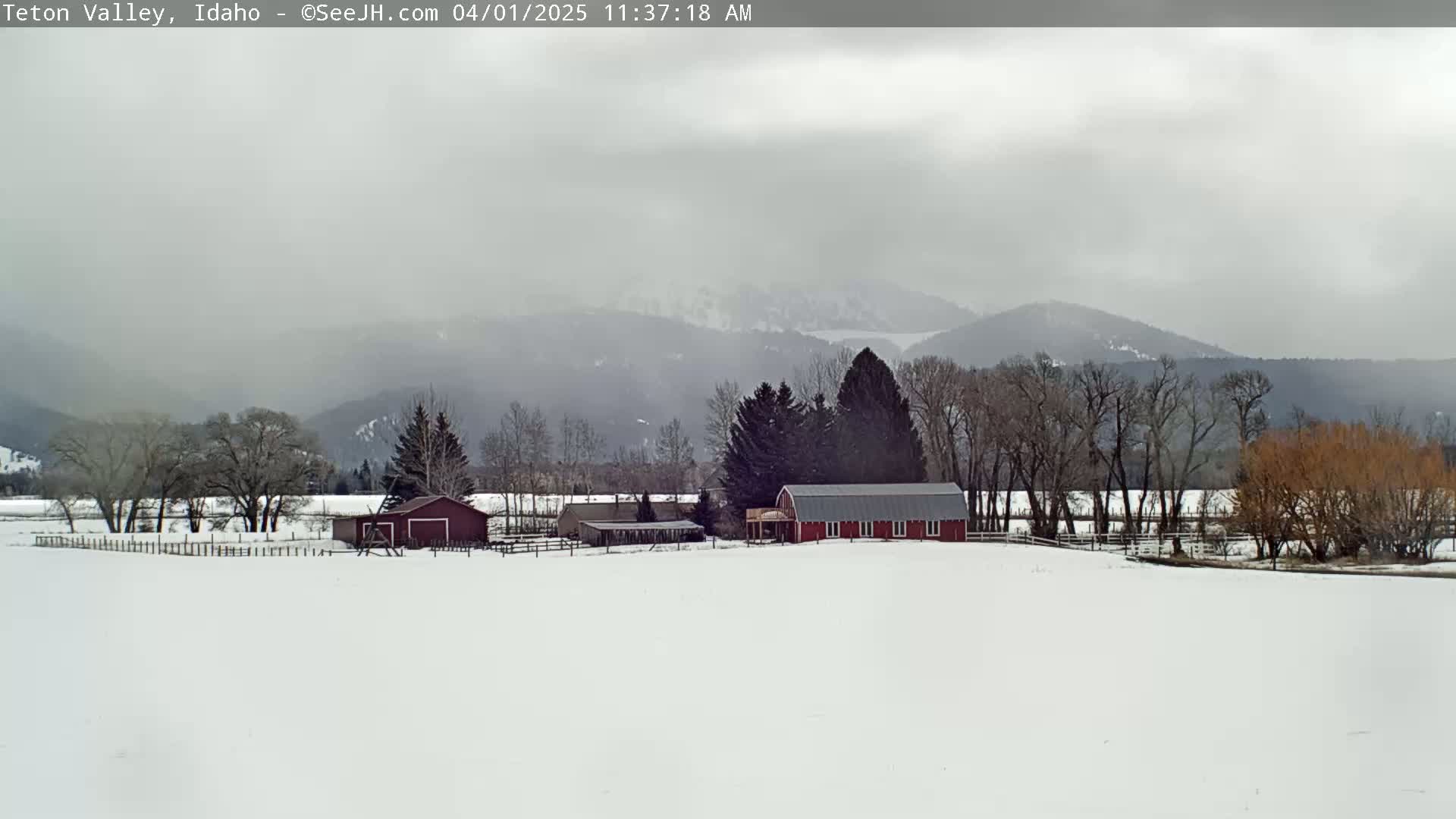 A snow-covered field with a red barn and other farm structures sits before a line of leafless trees and a mountain range under an overcast sky.