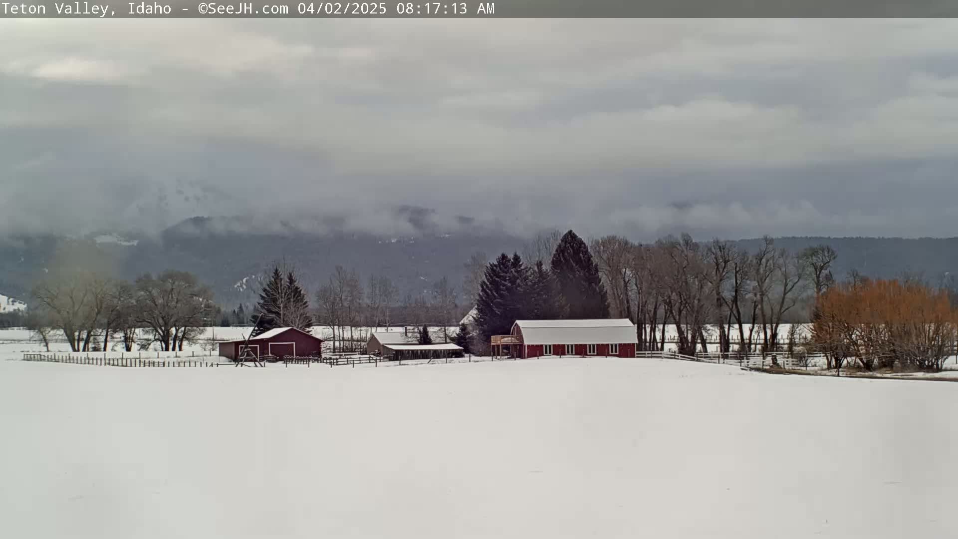 A snow-covered field with two red barns and leafless trees sits in front of a mountain range under a cloudy sky.