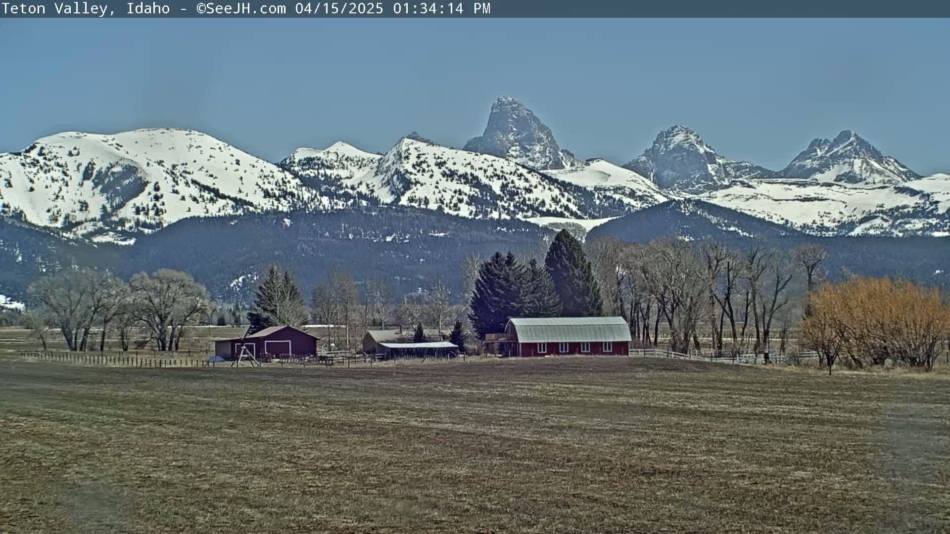 A red barn and other farm buildings sit in a plowed field, with snow-capped mountains in the background under a clear blue sky.