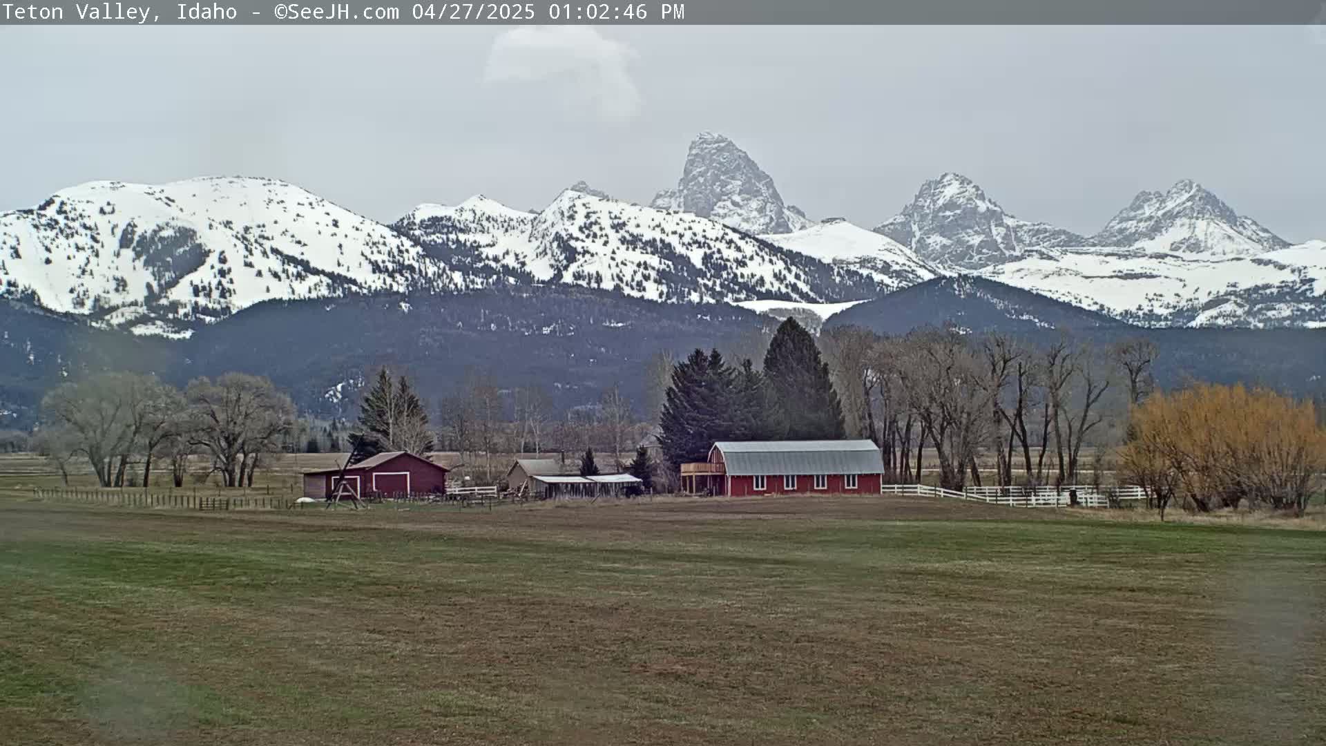 A red barn sits on a grassy field, with snow-capped mountains in the background under an overcast sky.