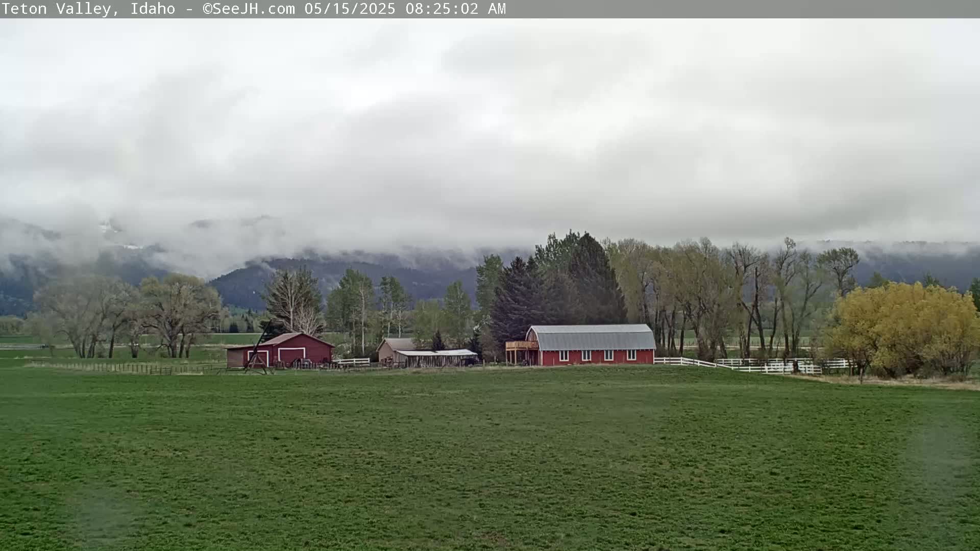 A green field stretches out before a red barn and other farm buildings, with a line of trees and misty mountains in the background under an overcast sky.