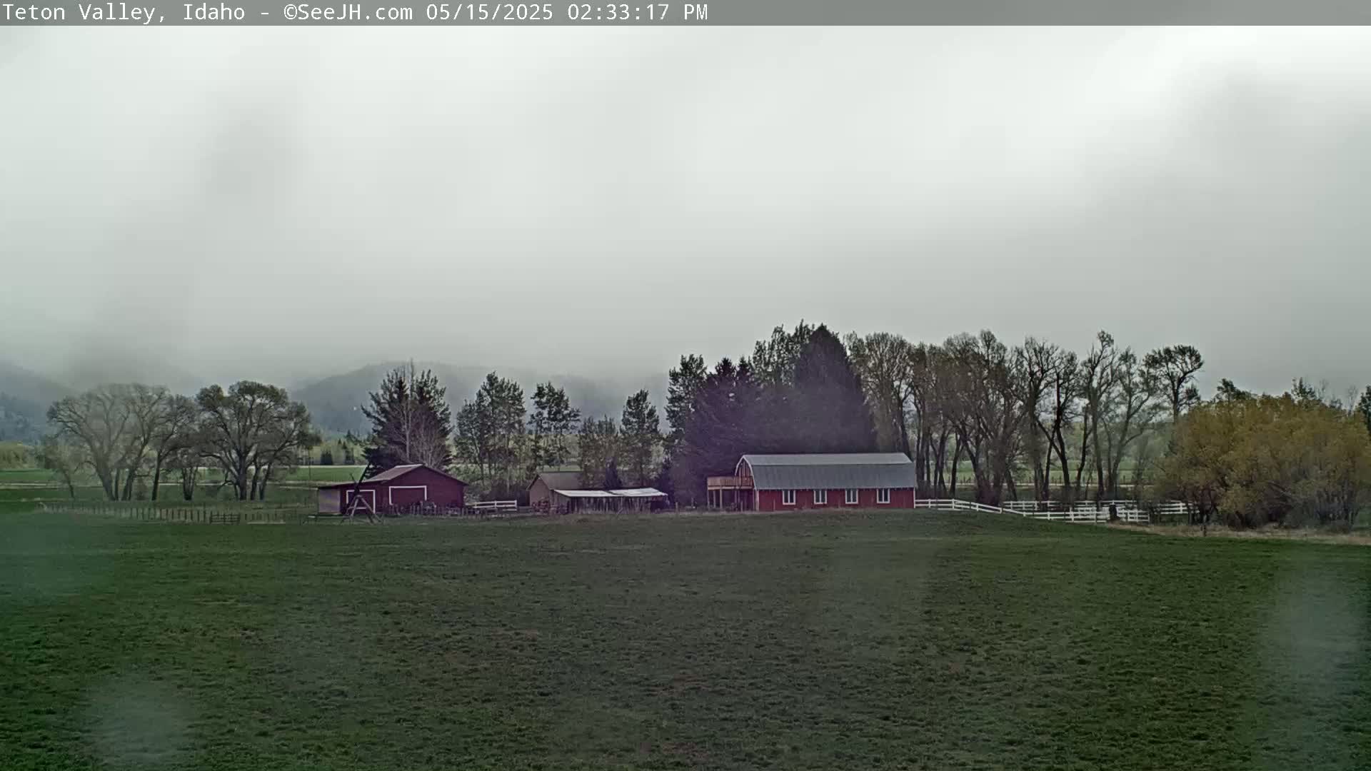 A mostly overcast sky hangs over a grassy field containing two barns and a line of trees, with mountains visible in the distance.