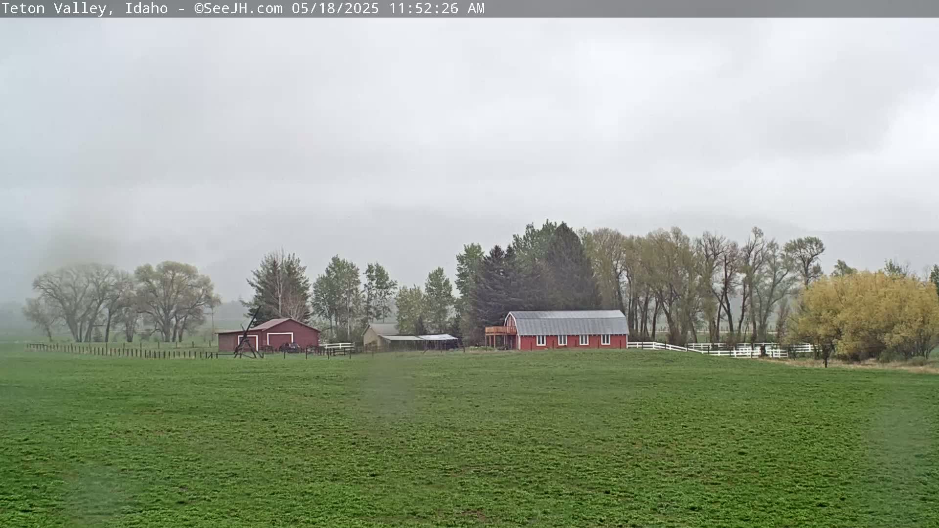 A red barn and other farm buildings sit on a green field surrounded by trees under a gray, overcast sky.