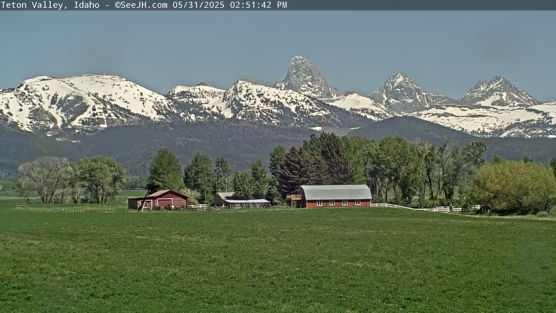 A green field with farm buildings sits in front of snow-capped mountains under a clear blue sky.