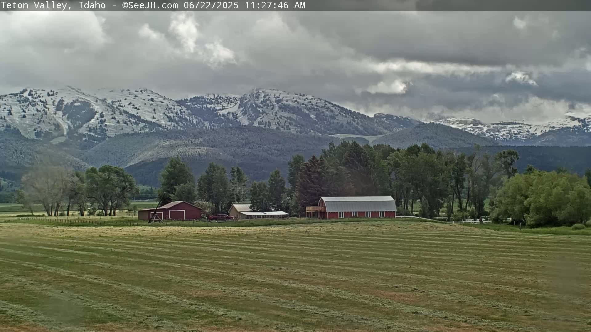 A recently hayed field stretches before a farmstead with red barns, nestled at the foot of snow-capped mountains under a cloudy sky.