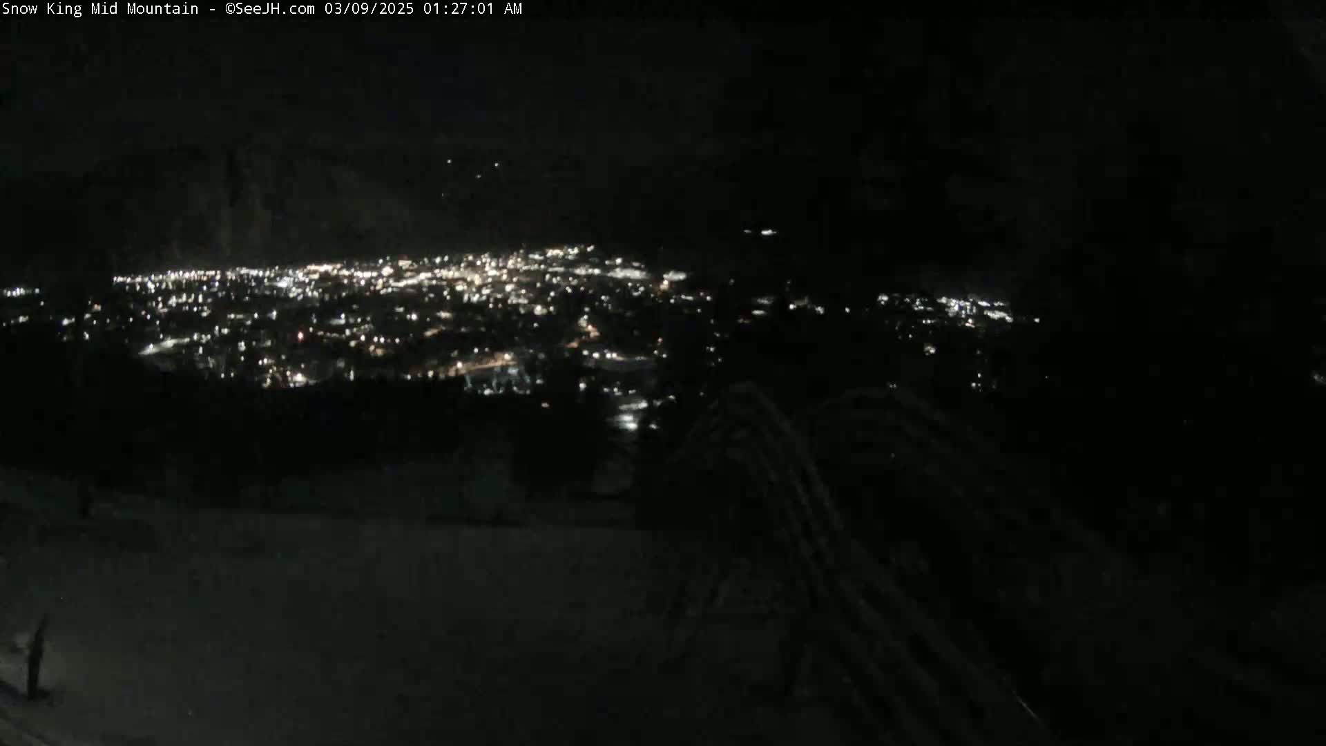 A nighttime view from a snowy mountain overlooking a city illuminated by numerous lights.
