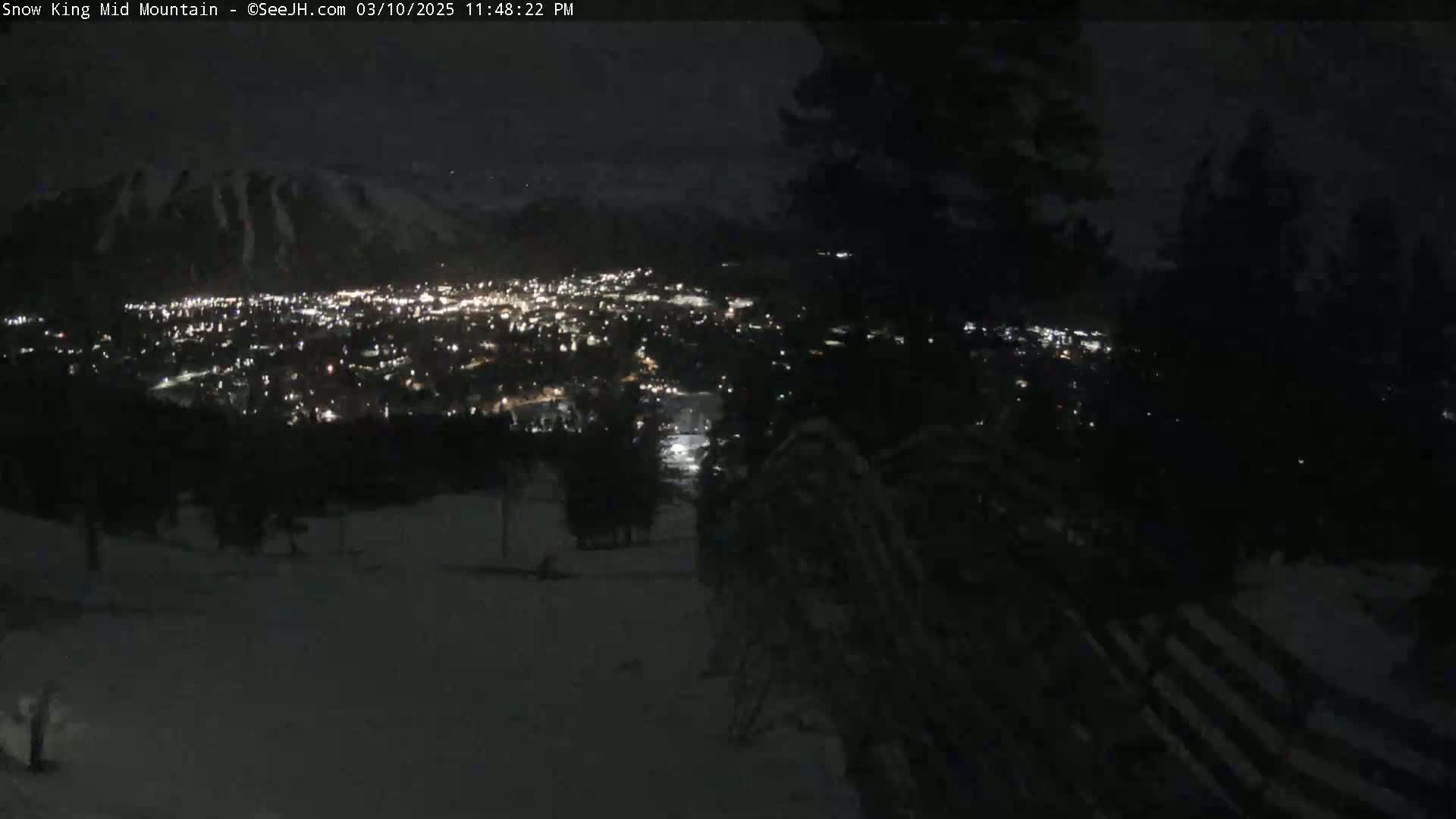 A nighttime view from a snow-covered hillside overlooking a brightly lit town nestled below a snow-dusted mountain.