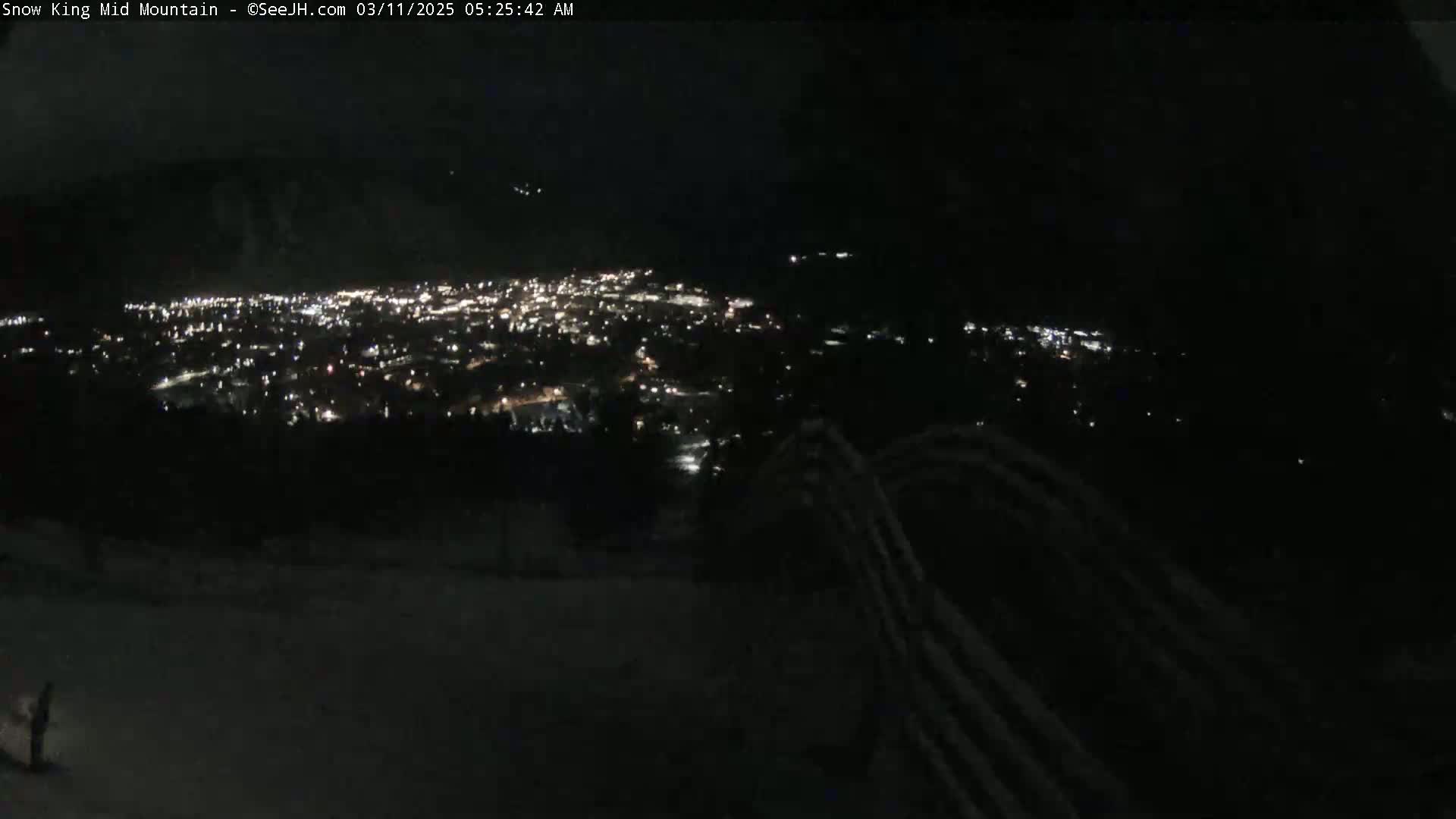 A nighttime view from a snowy hilltop overlooking a city illuminated by many lights.