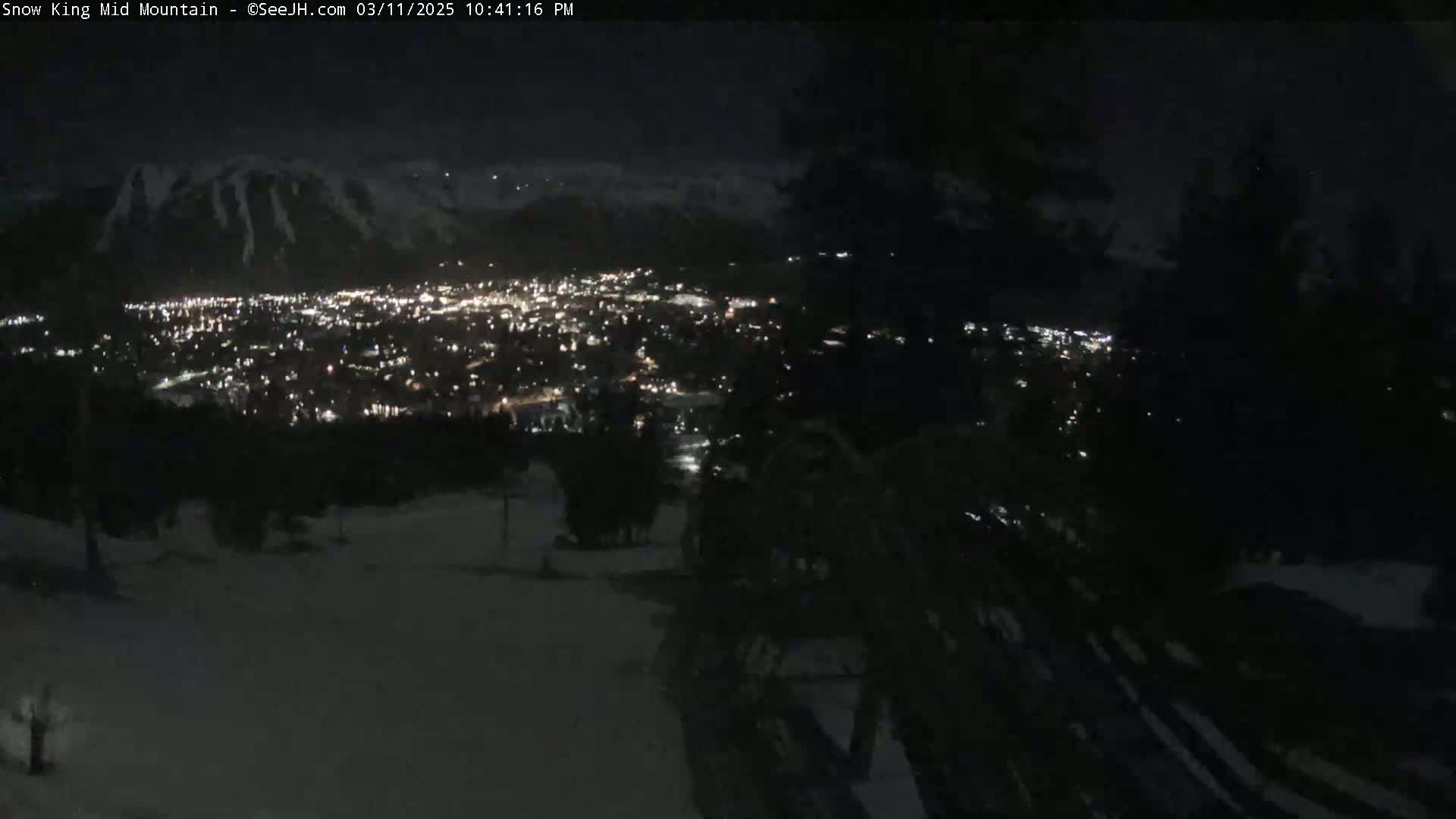 A nighttime view from a snowy mountain slope overlooks a valley illuminated by city lights under a dark sky.