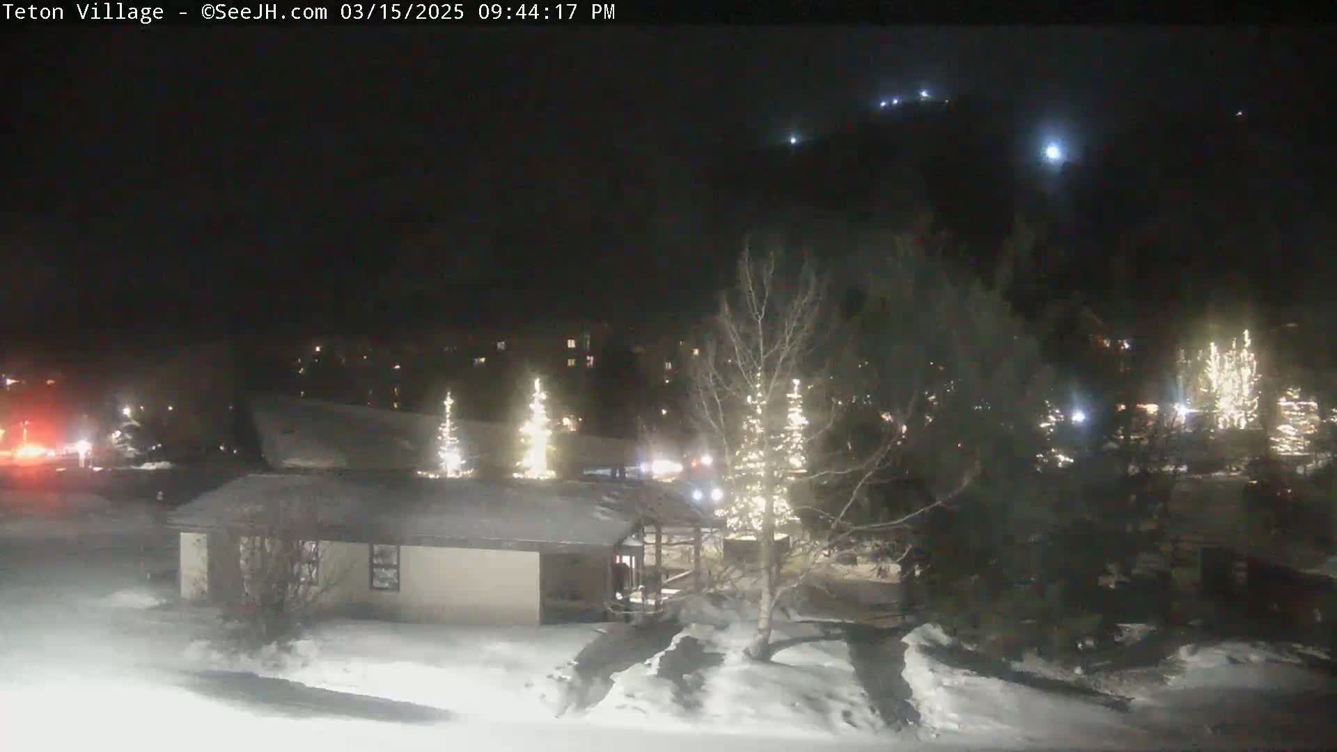 A snow-covered village at night, illuminated by lights on buildings and trees, with a hill visible in the background under a dark sky.