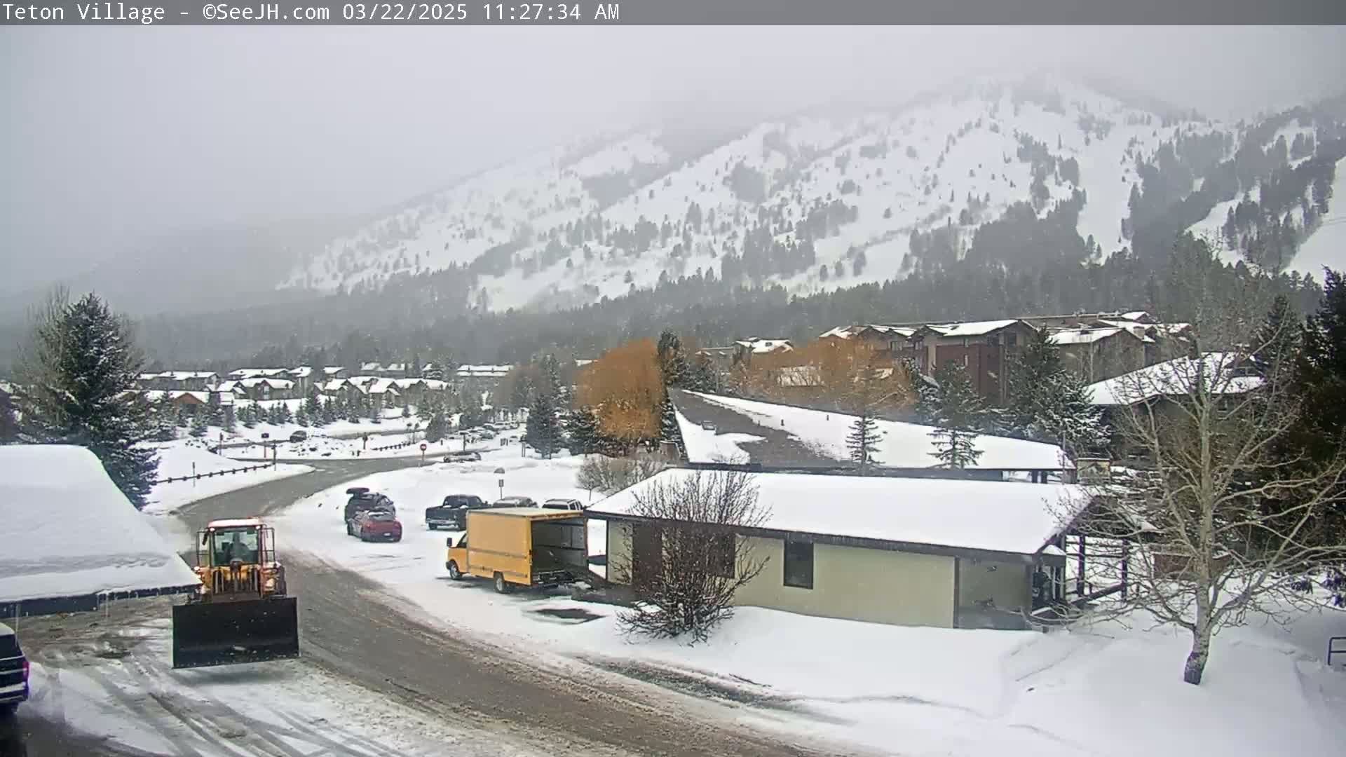 A snow-covered residential area with a snowplow on a road, several vehicles parked, and a mountain in the background under a cloudy sky.