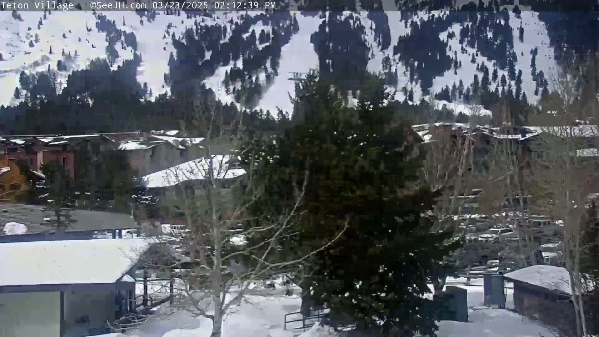 A snow-covered village nestled at the base of a snow-dusted mountain range is seen from a slightly elevated viewpoint.