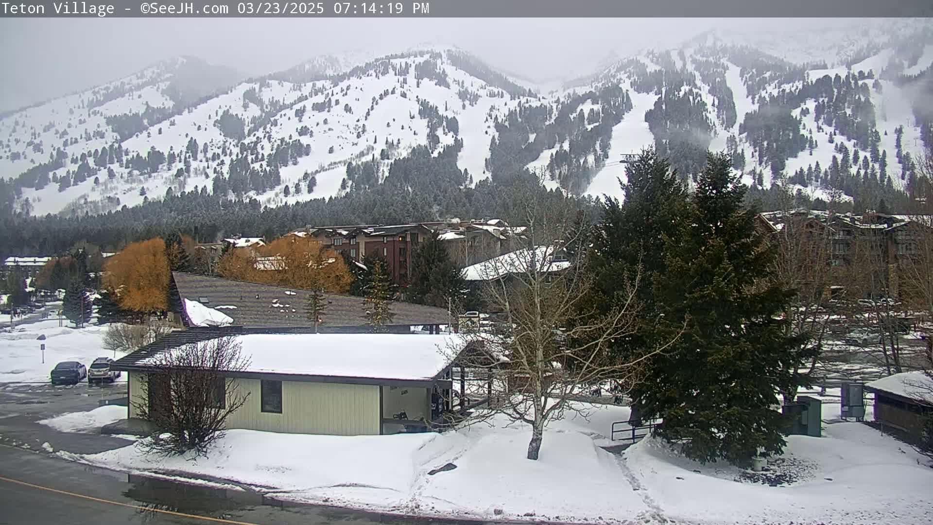 A snow-covered village sits at the base of a snow-dusted mountain range under an overcast sky.