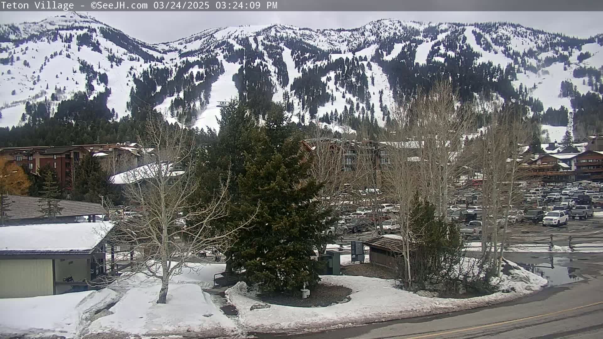 A snow-covered mountainside overlooks a village with a large parking lot, under an overcast sky.
