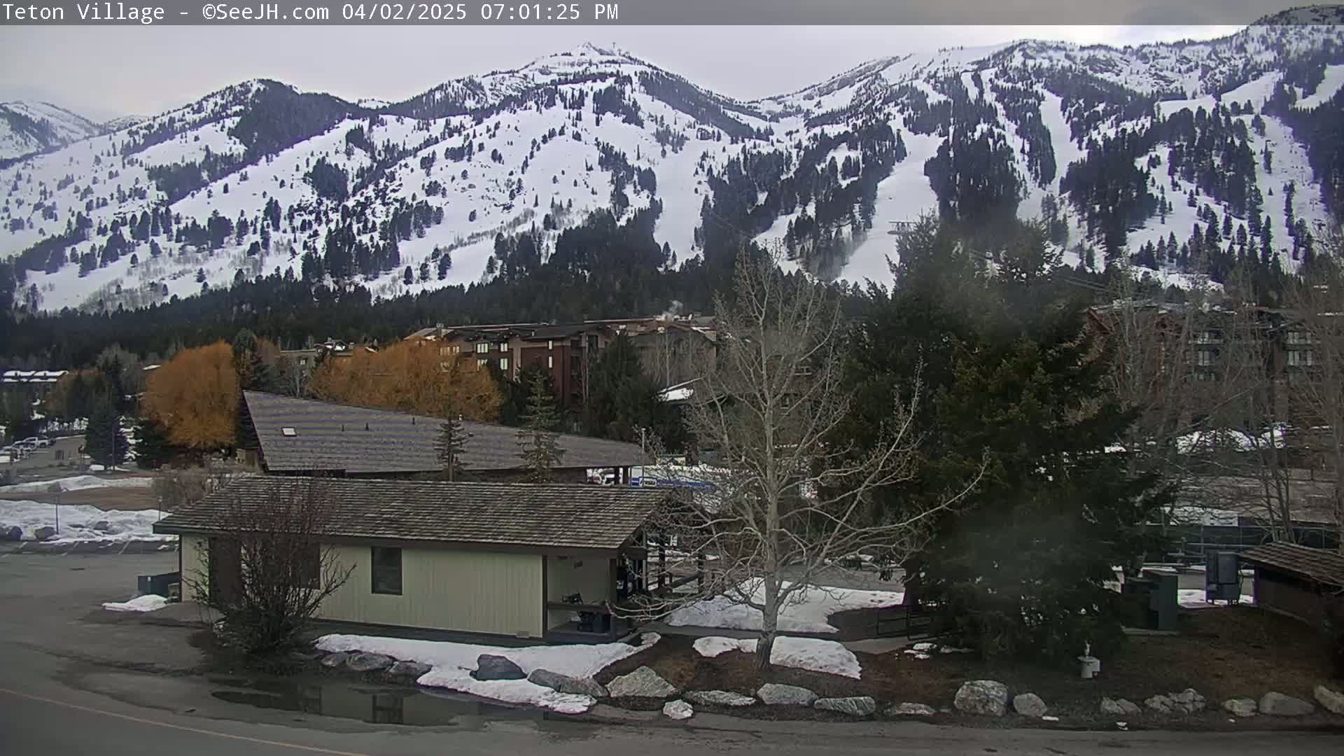 A snow-covered mountain range overlooks a village with buildings, trees, and patches of snow on the ground under an overcast sky.