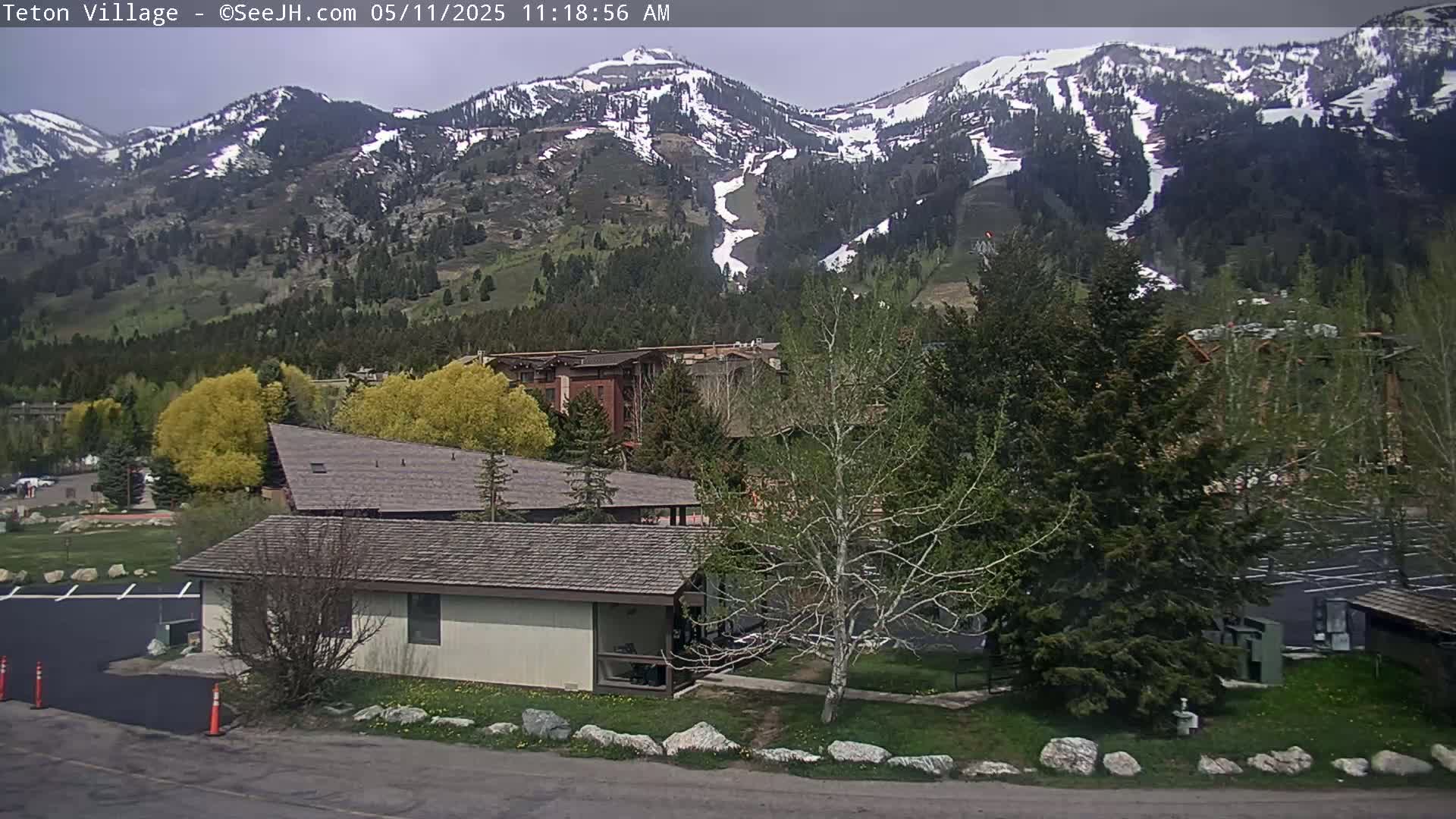 A small building sits in a grassy area near a parking lot, with snow-capped mountains and budding trees in the background under a mostly clear sky.