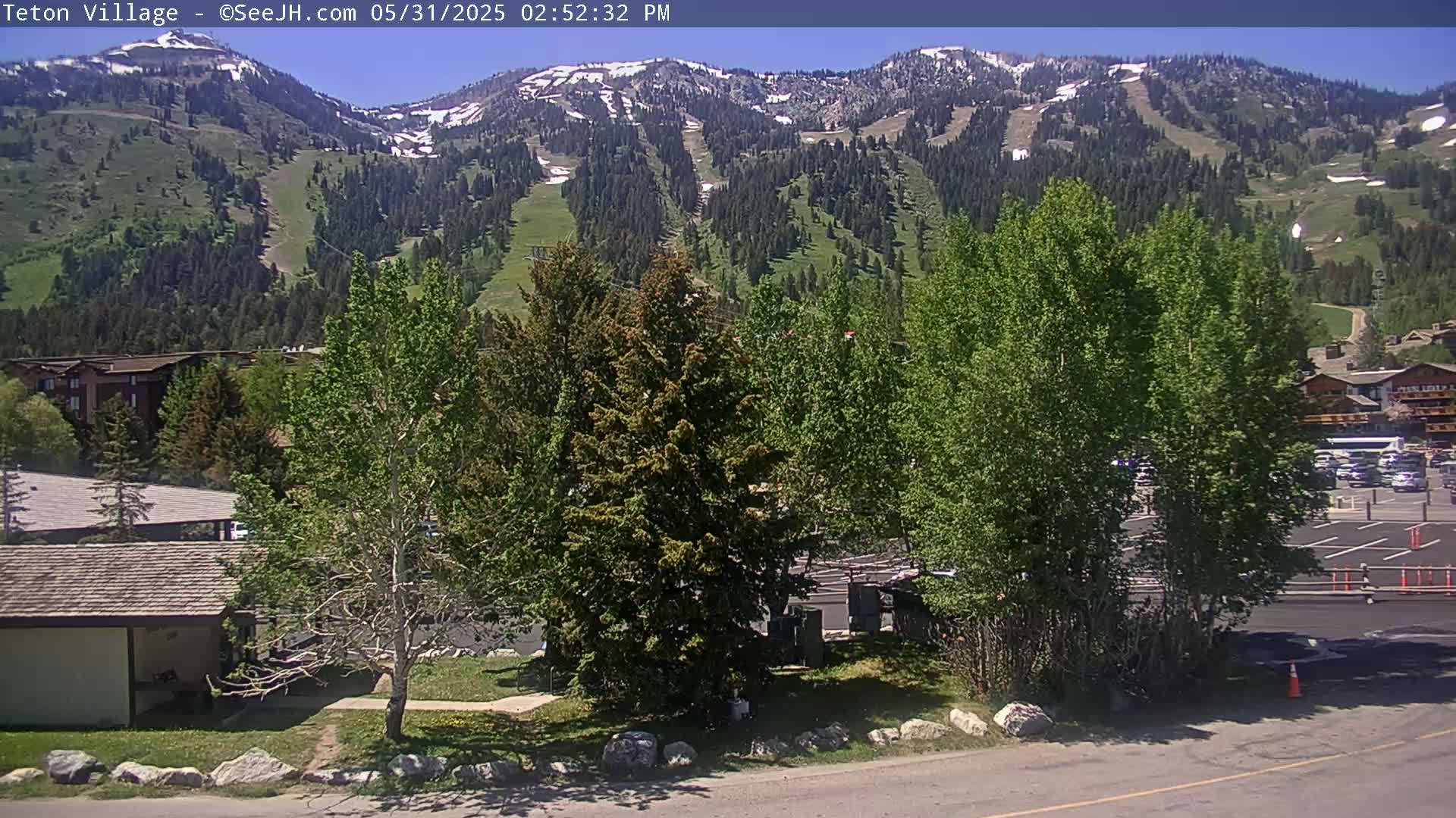 A sunny day reveals a mountainside with ski runs, partially covered in snow, viewed from a valley with green trees, buildings, and a parking lot.
