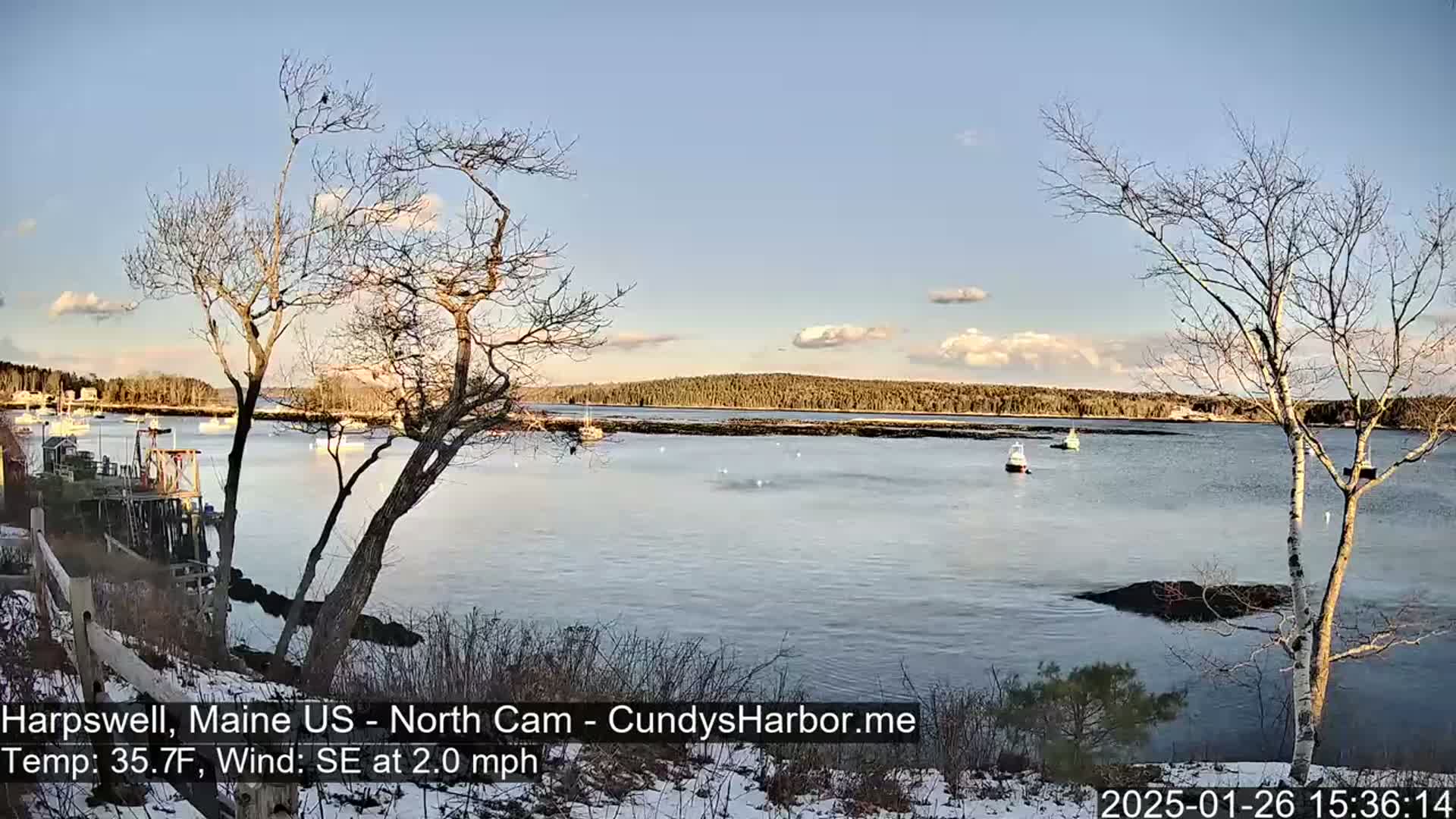 A tranquil harbor scene with several boats, viewed from a snow-dusted shoreline under a mostly clear sky, with a light southeast wind.