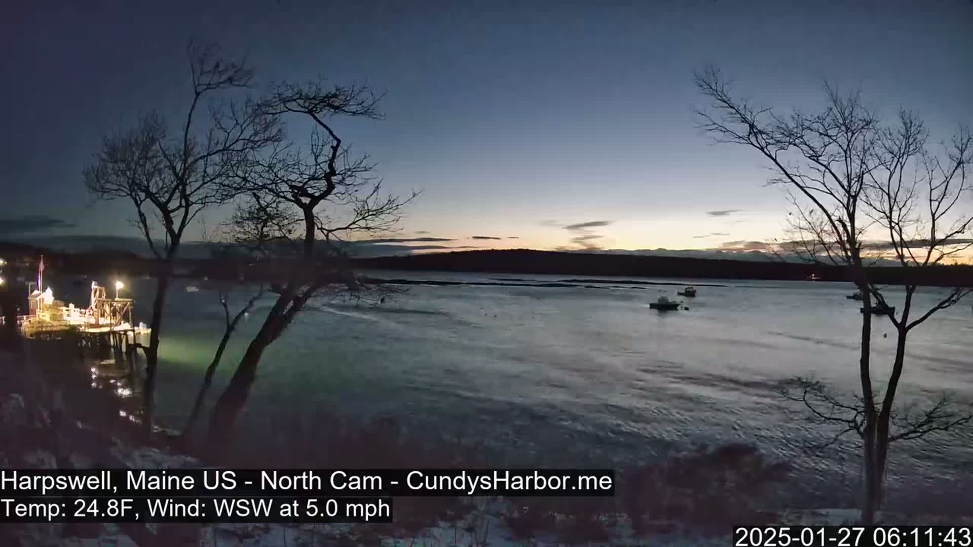 Here is a description of the image: A twilight view of a calm body of water with a few boats, a lit pier in the distance, and bare trees in the foreground under a mostly clear sky.