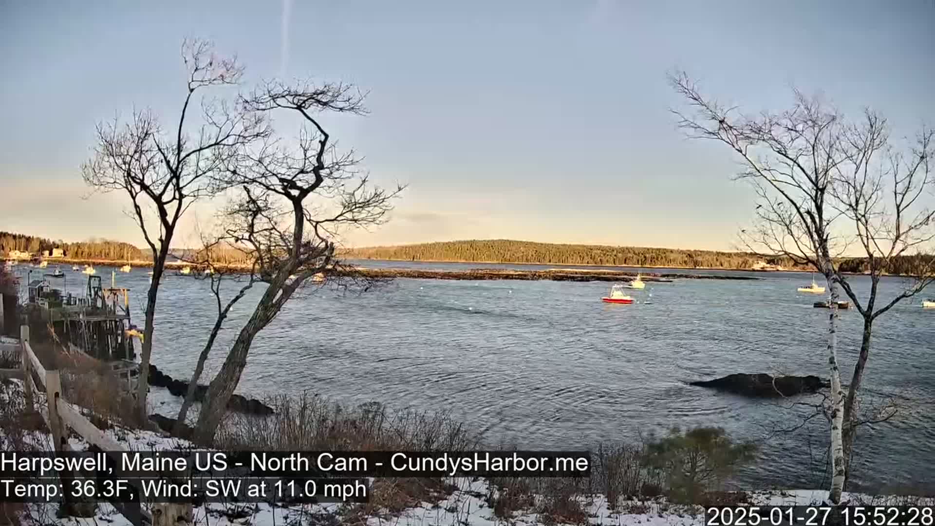 A calm bay with several small boats, viewed from a snow-dusted shoreline with bare trees in the foreground under a clear, light blue sky.