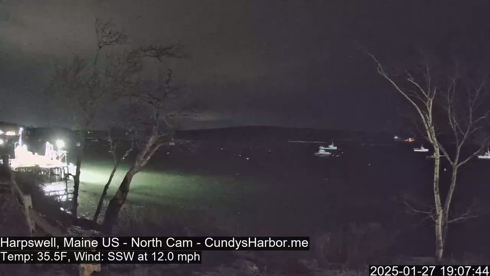 A nighttime view of a calm body of water with several boats and a dock, under a dark sky with a 12 mph south-southwesterly wind and a temperature of 35.5 degrees Fahrenheit.