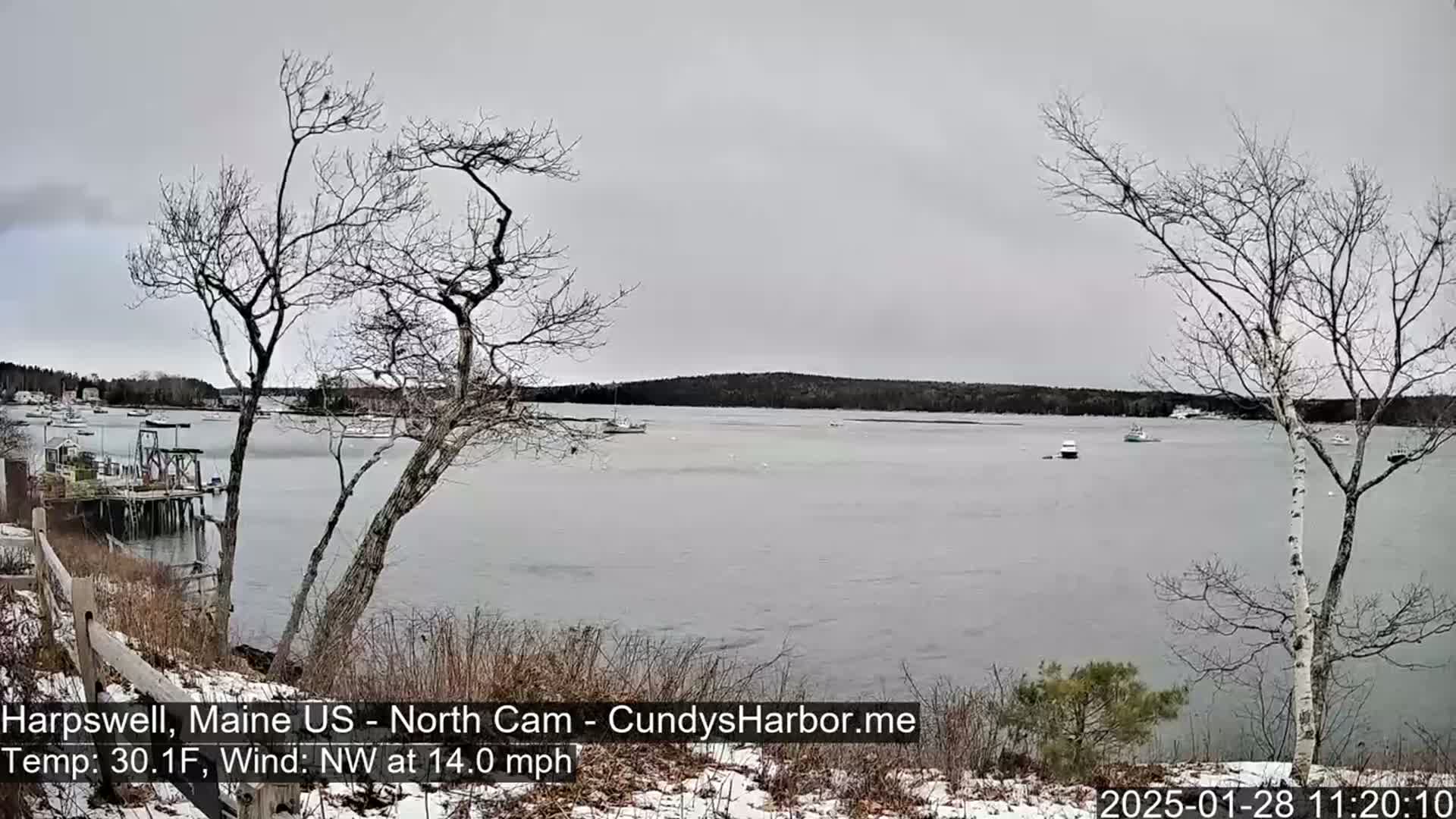 A calm, gray day with a northwest wind reveals a partially frozen harbor, dotted with a few boats and surrounded by bare, winter trees and a snow-dusted shoreline.